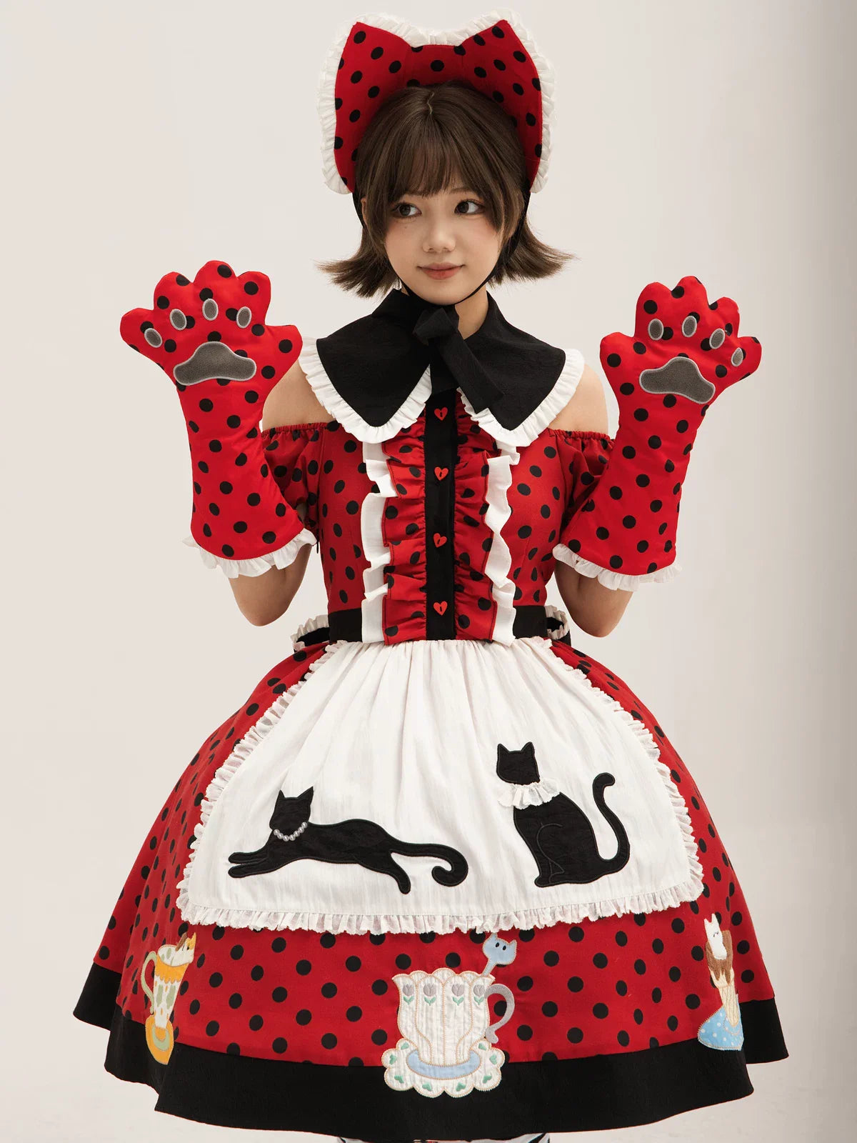 Teacup Meow - Old School Lolita Polka Dot OP Dress, Cat and Teacup Patch - image 1
