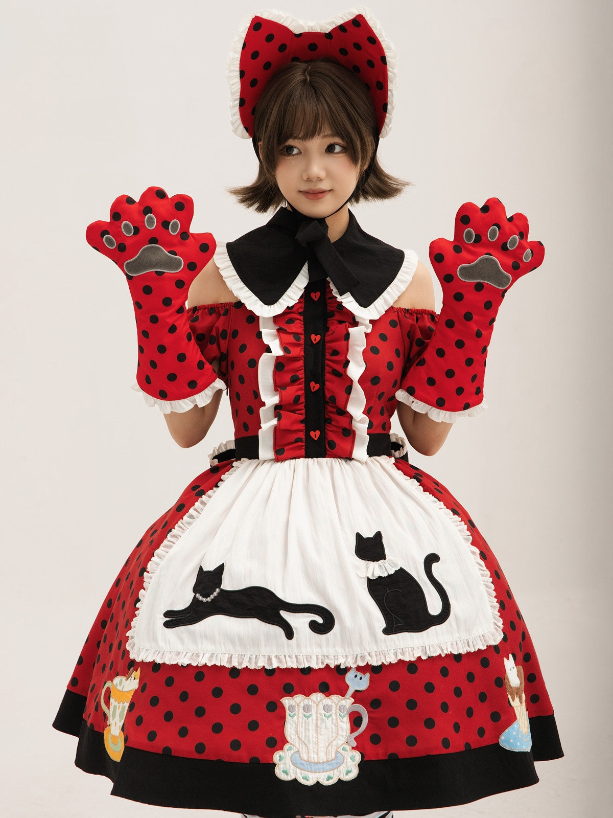 Teacup Cat - Vintage Polka-Dot Lolita OP Set - image 3
