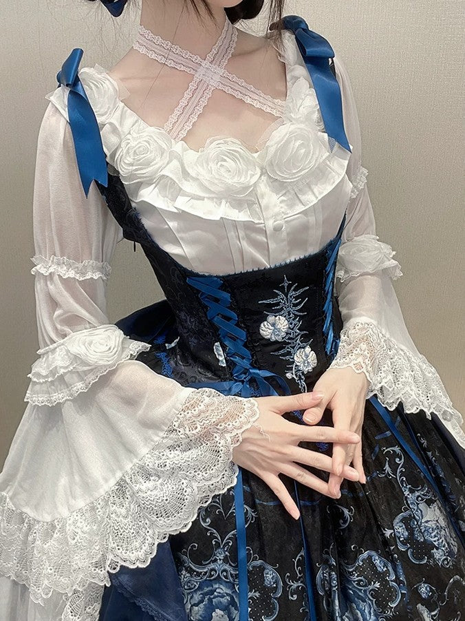 Ling Long Ci Blue Porcelain Butterfly Orchid Print Gothic Lolita Bustier JSK - image 7
