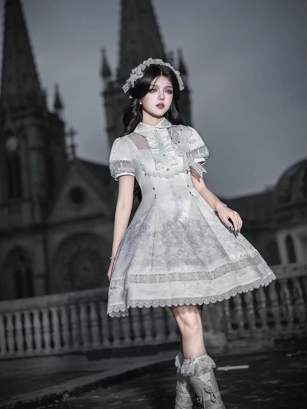 White Classic Lolita Printed OP Dress with Cross - image 14