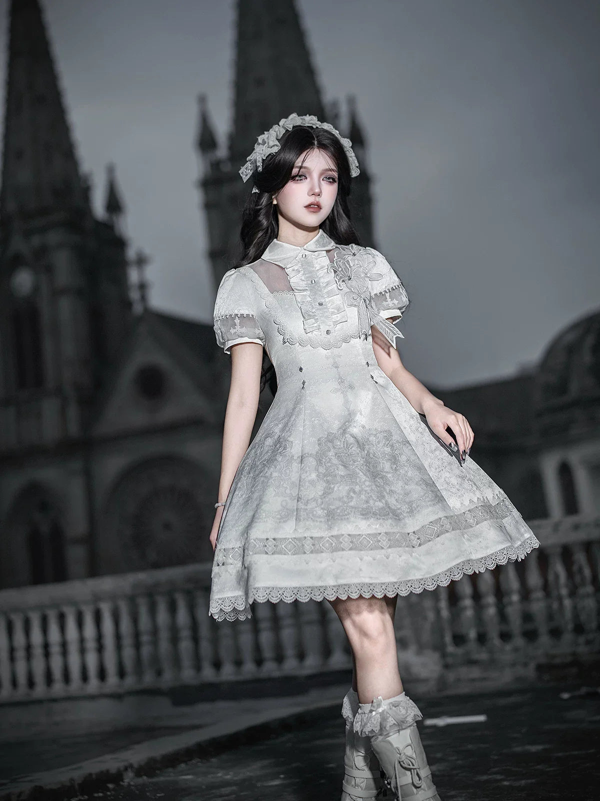 White Classic Lolita Printed OP Dress with Cross - image 14