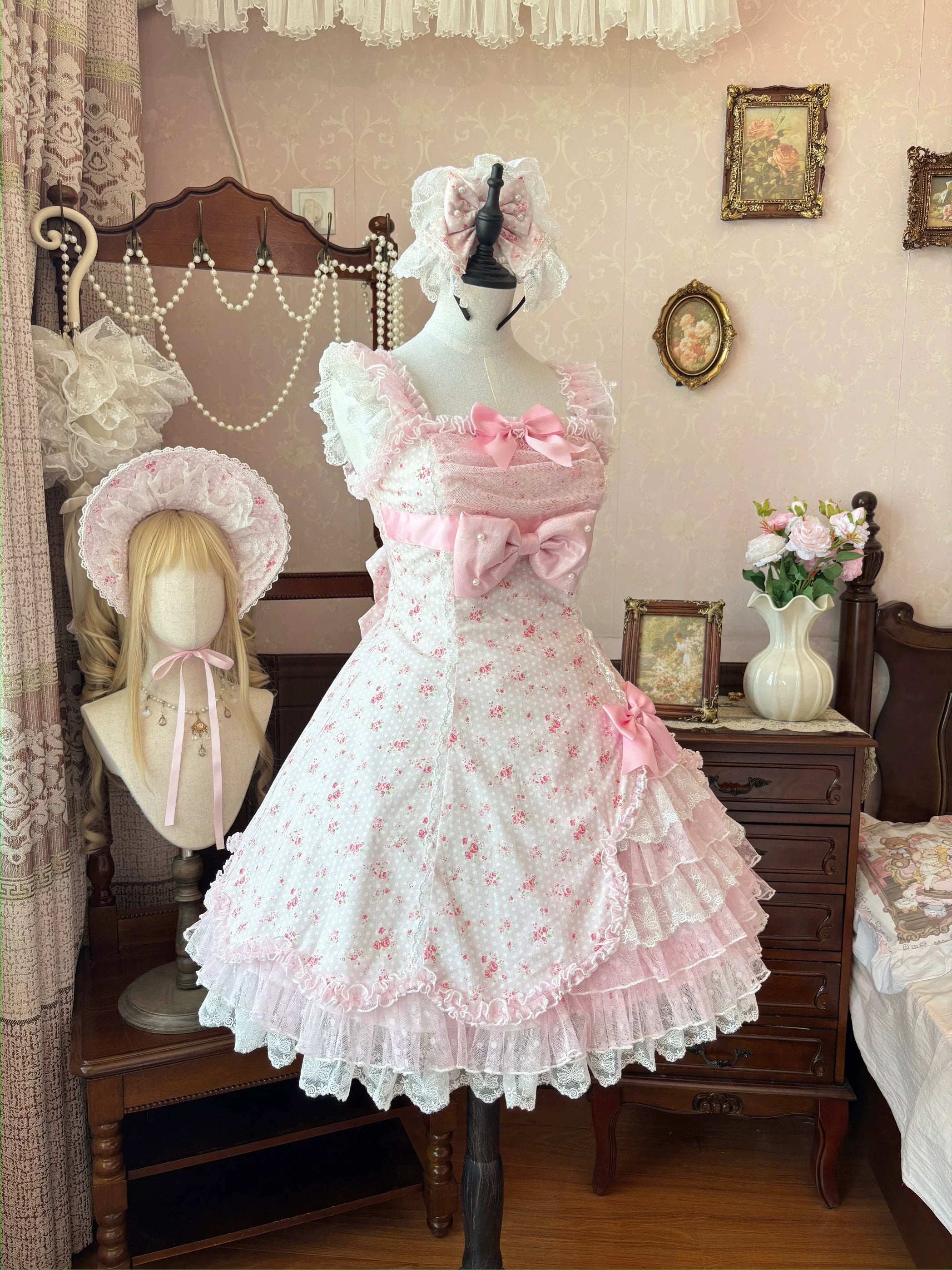 Spring Bud - Old School Lolita Floral Print JSK Dress, Layered Skirt and Accessories - image 9