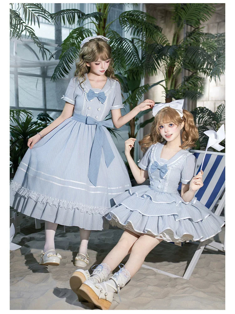 Seven-Day Bell - Blue Classic Lolita Striped OP Dress, Sailor Collar - image 17