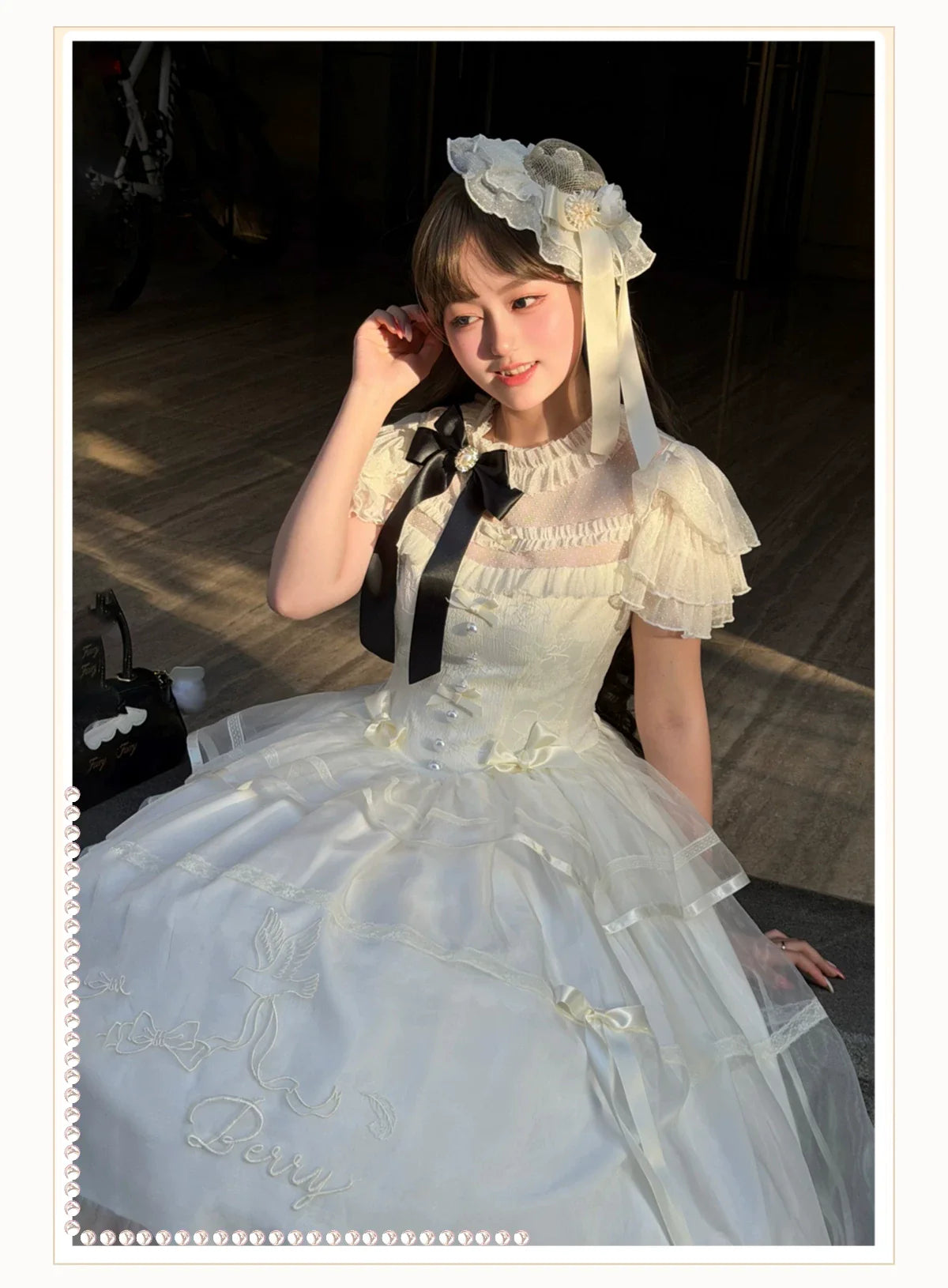 White Bird Love Letter - Classic Lolita Jacquard OP Dress, Embroidered Tulle Hem and Accessories - image 16