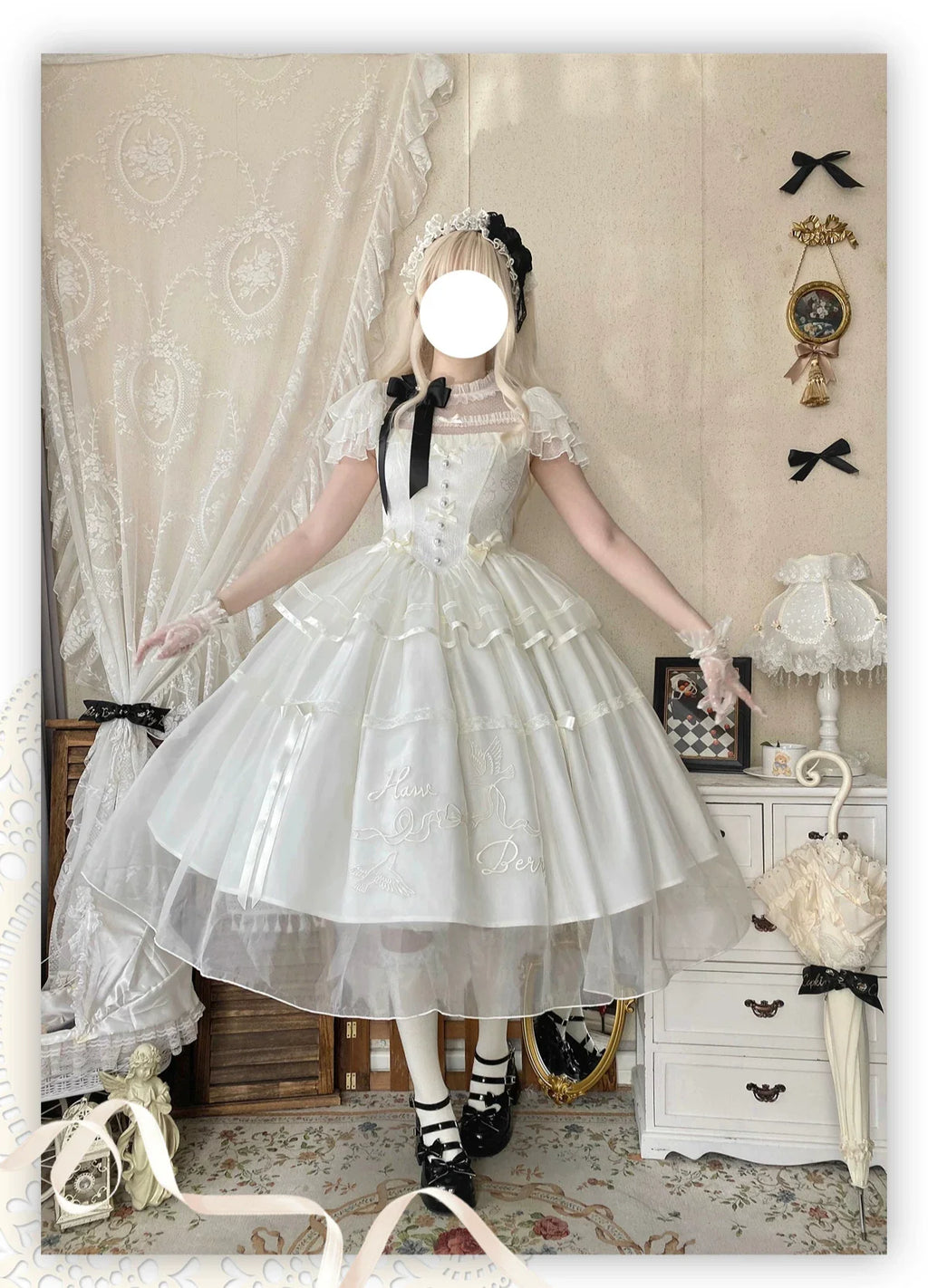 White Bird Love Letter - Classic Lolita Jacquard OP Dress, Embroidered Tulle Hem and Accessories - image 4
