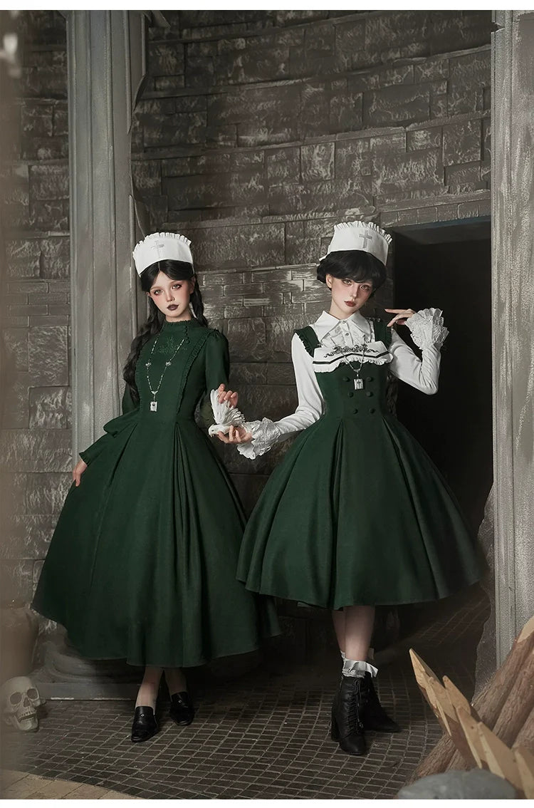 Abyss Clinic - Gothic Lolita Green Dress Set, Embroidery Accent - image 22