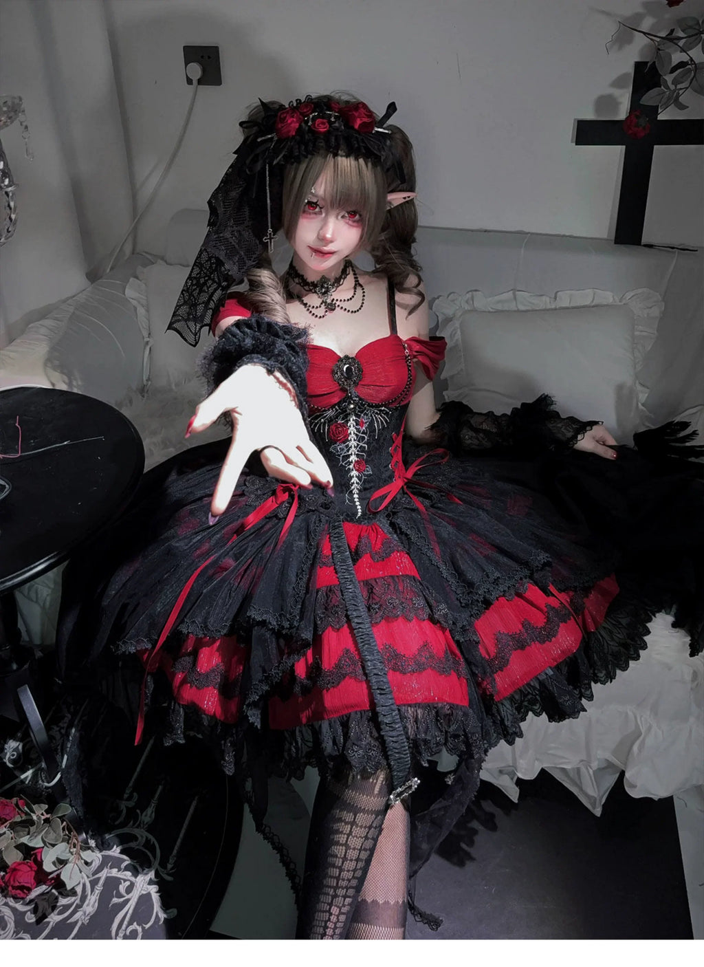 Eternal Thorn of the Dragonbone - Embroidered Gothic Lolita JSK Dress, Off-Shoulder and Accessories - image 7