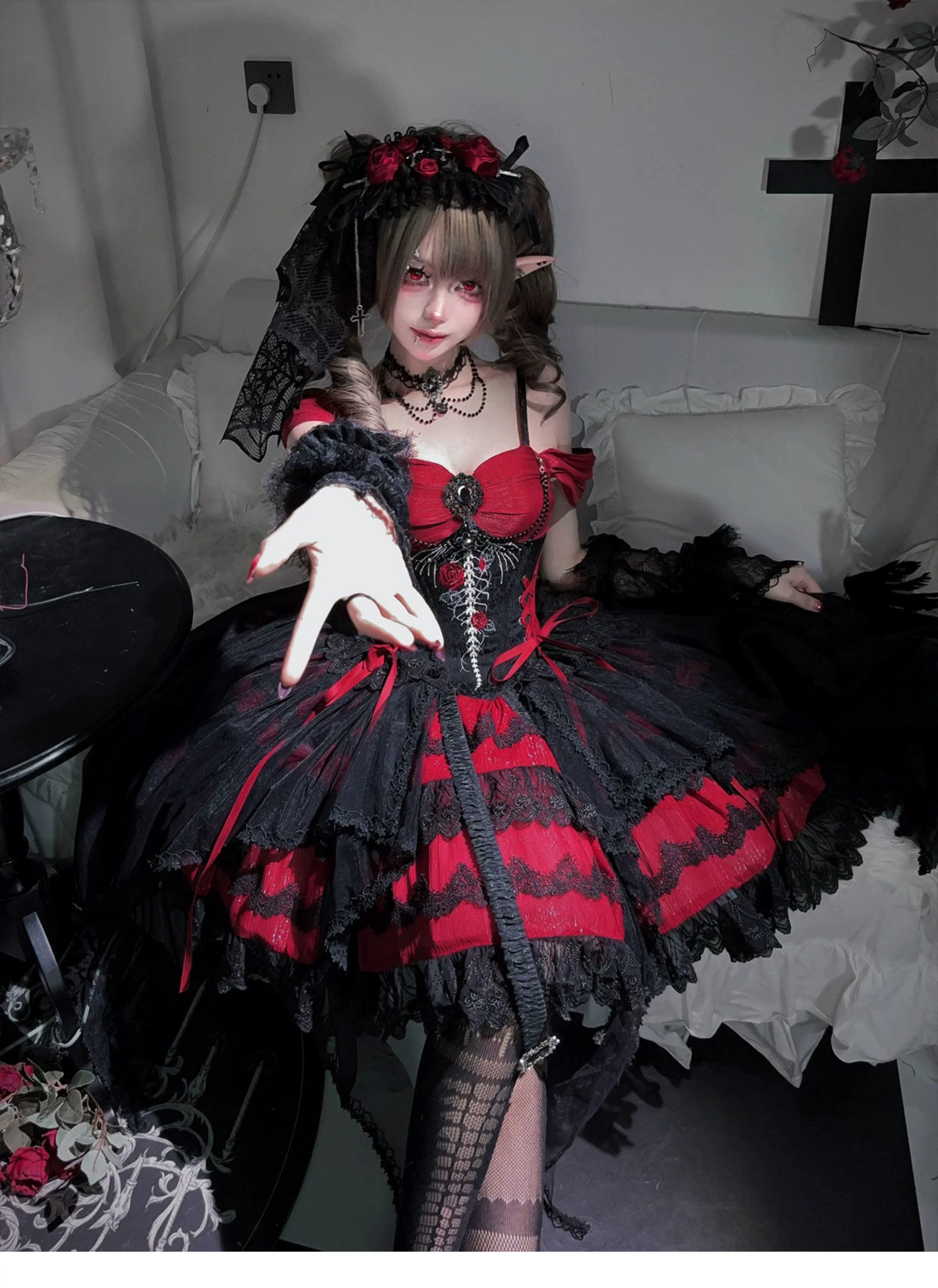 Eternal Thorn of the Dragonbone - Embroidered Gothic Lolita JSK Dress, Off-Shoulder and Accessories - image 7