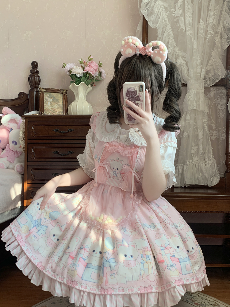 Meow Pompom - Sweet Lolita Salopette Dress Suit, Cat Print - image 9