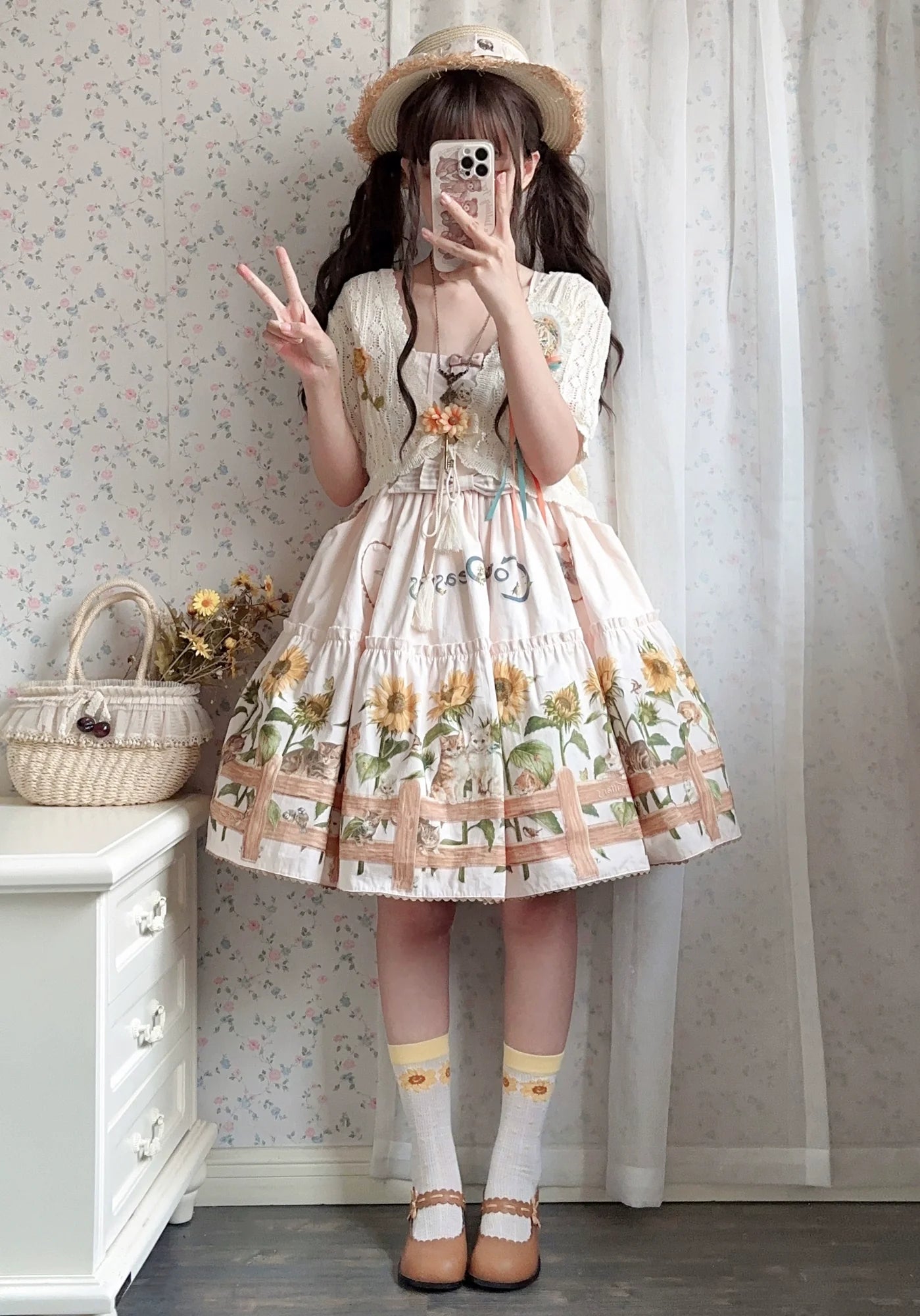 Cat and Sunflower - Sweet Lolita JSK, Cat and Sunflower Print - image 33
