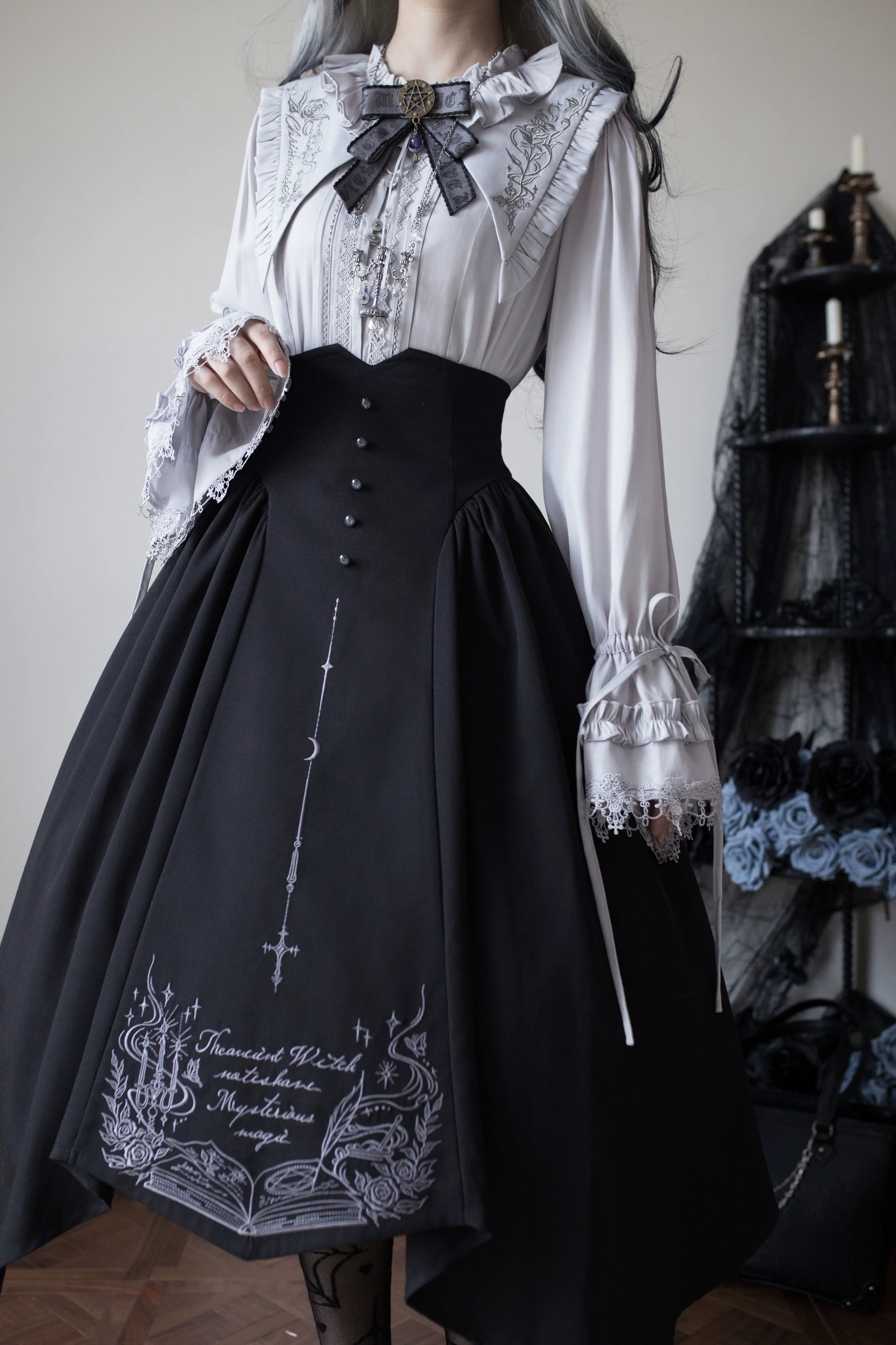 Witch Notes - Gothic Lolita Embroidered Dress Suit, Cross and Rose Print - image 1