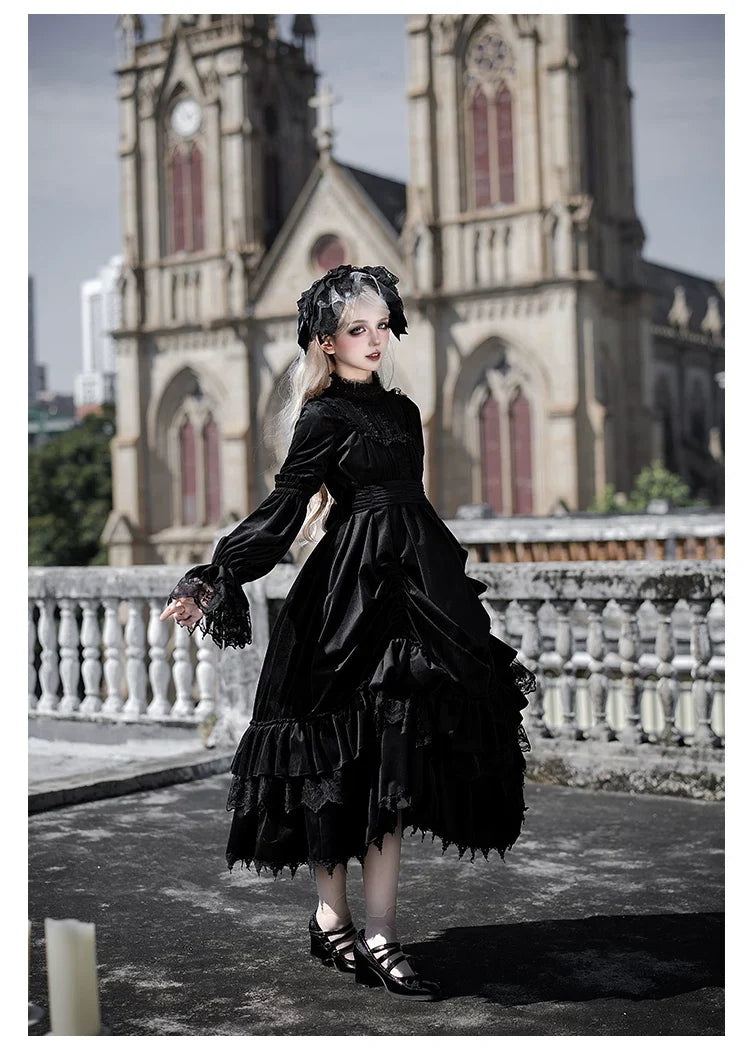 Dawn Bell & Dusk Song - Gothic Lolita Velvet OP Dress, Back Zipper and Accessories - image 14