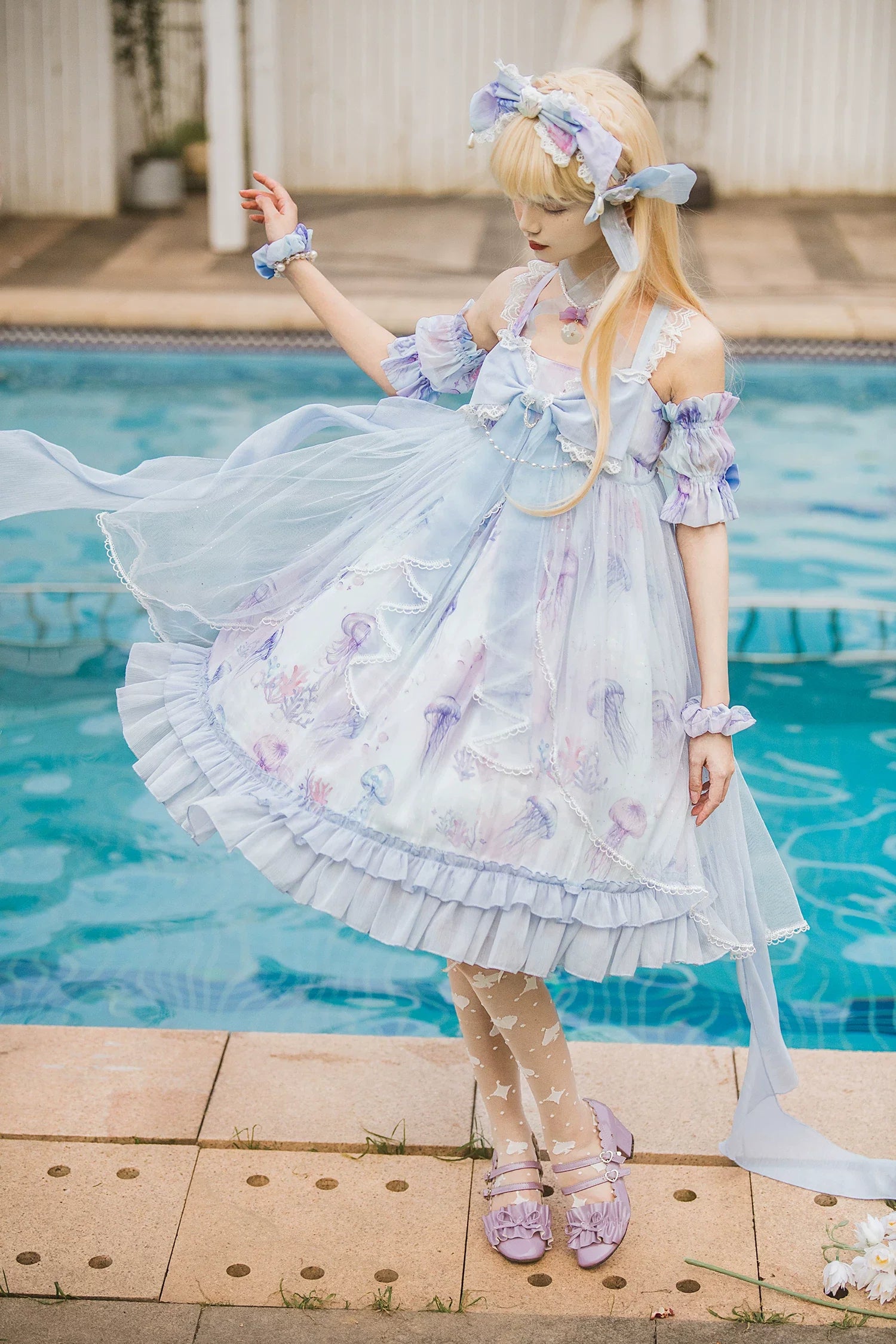 Coral Jellyfish - Sweet Lolita High-waist JSK Dress, Jellyfish & Coral Print and Accessories - image 11
