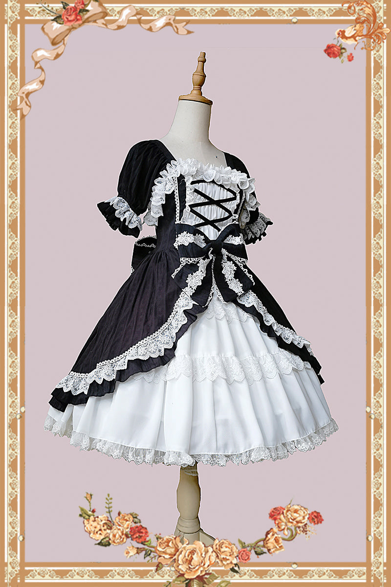 Doll-like Old-School Lolita OP Dress, Patchwork Sleeve and Accessories - image 4