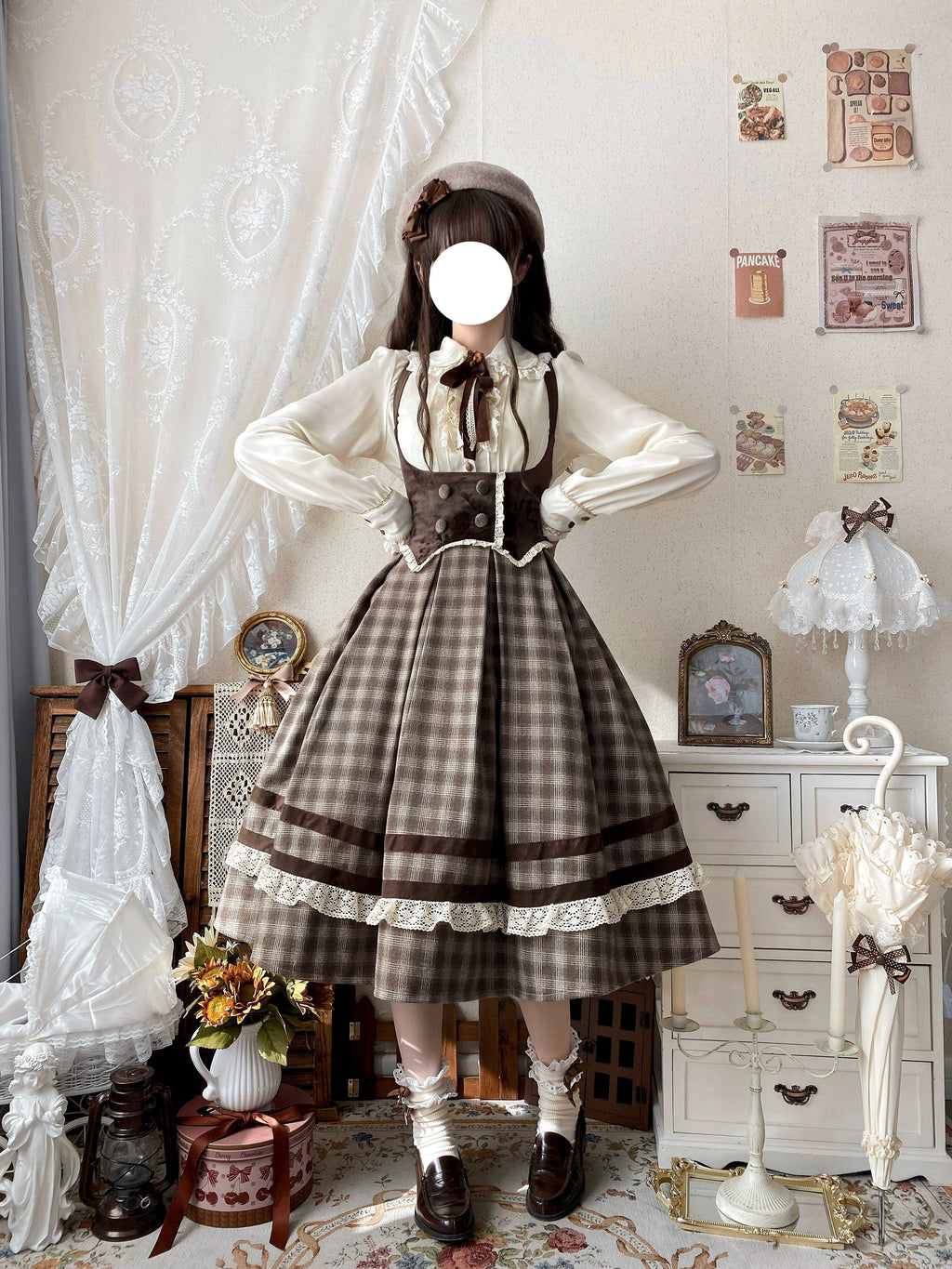 Chestnut Autumn - Plaid Classic Lolita JSK, Bust Supporting and Accessories - image 5