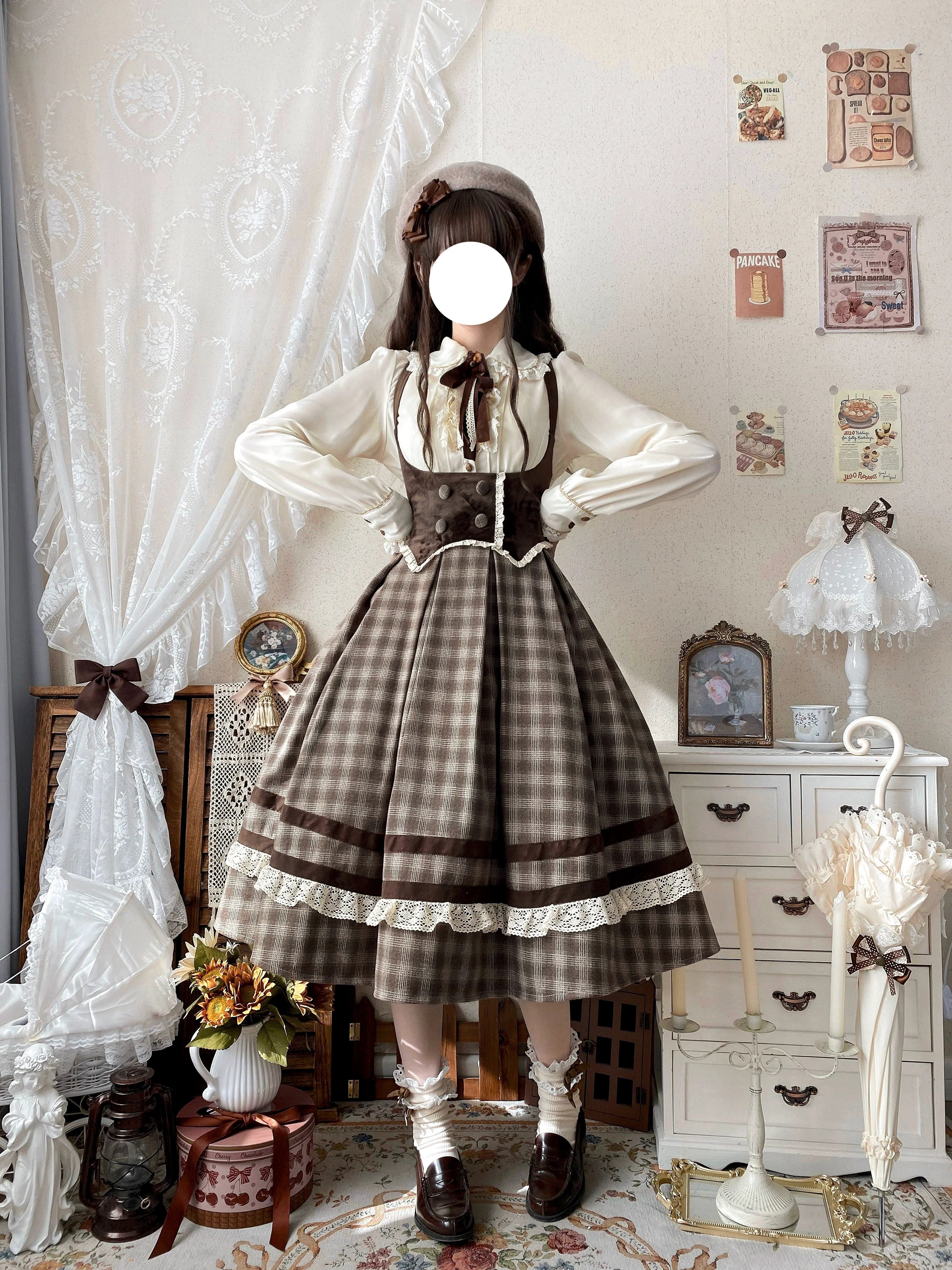 Chestnut Autumn - Plaid Classic Lolita JSK, Bust Supporting and Accessories - image 5