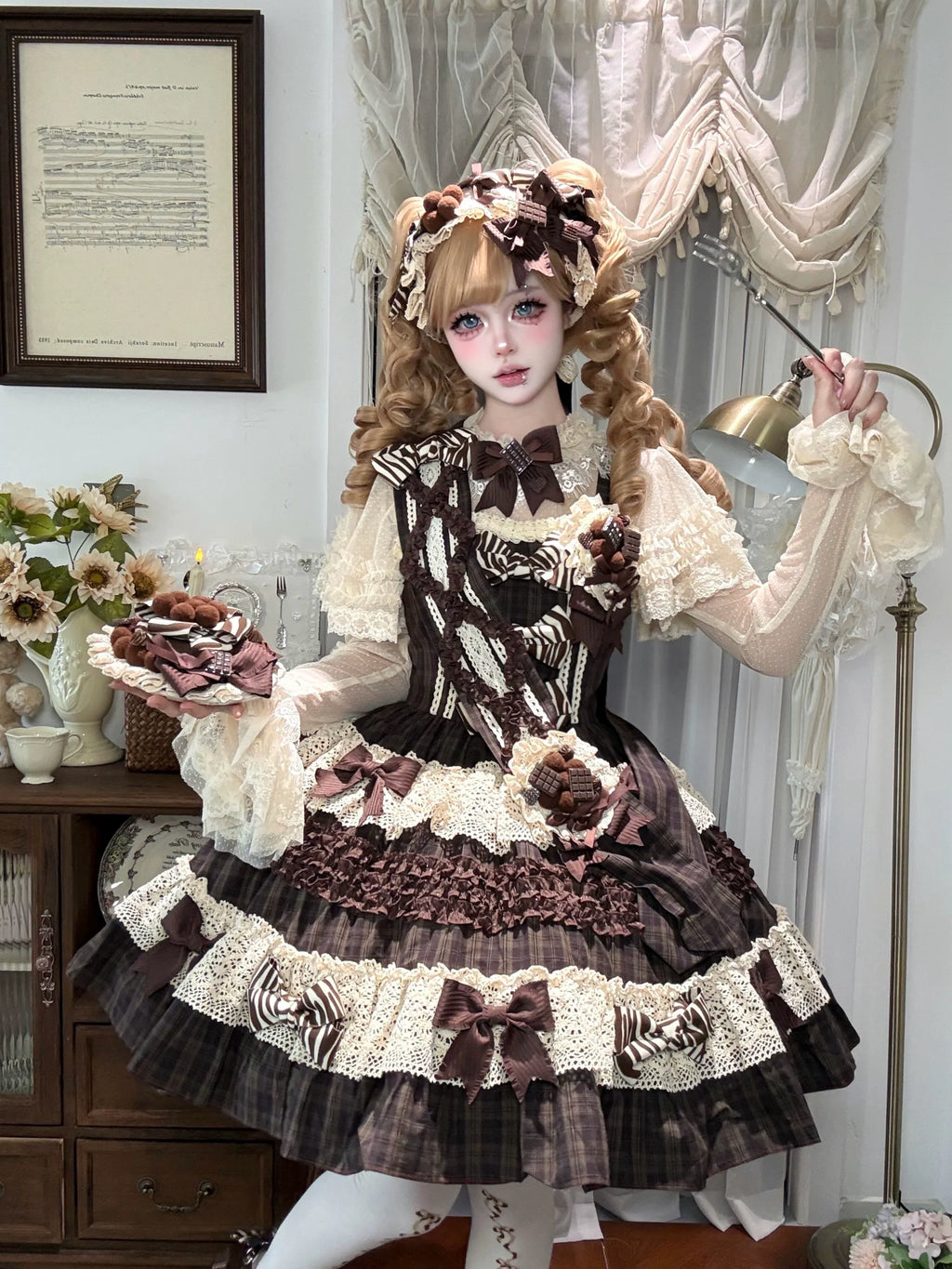 Coco Grace - Plaid Kawaii Lolita JSK Dress, Layered Ruffle & Bow and Accessories - image 9