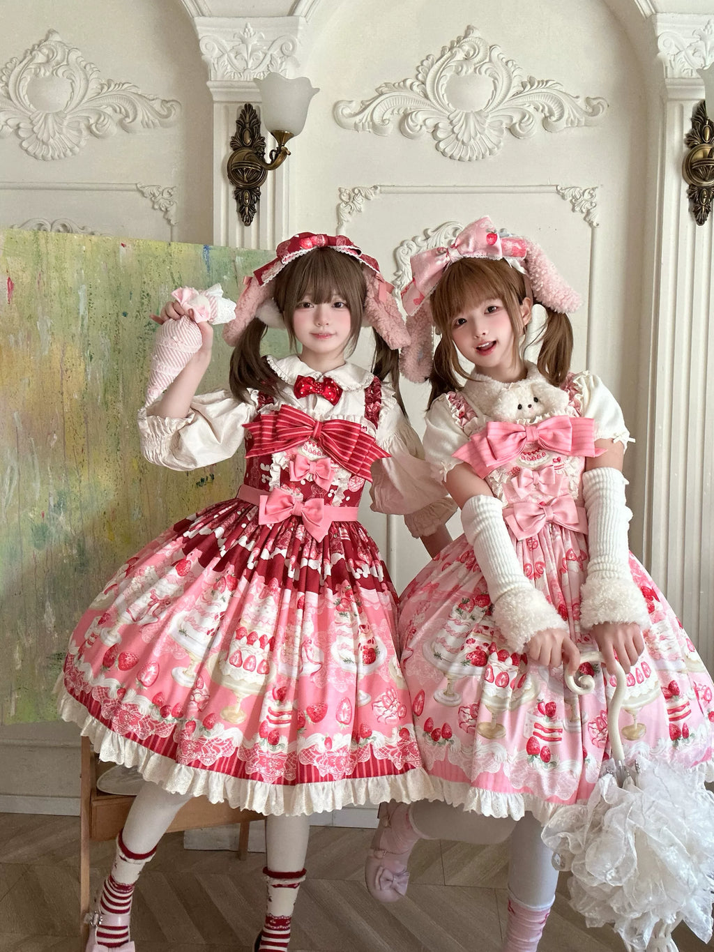 Strawberry Cake - Printed Sweet Lolita JSK Dress, Plush Bunny Ear KC - image 4