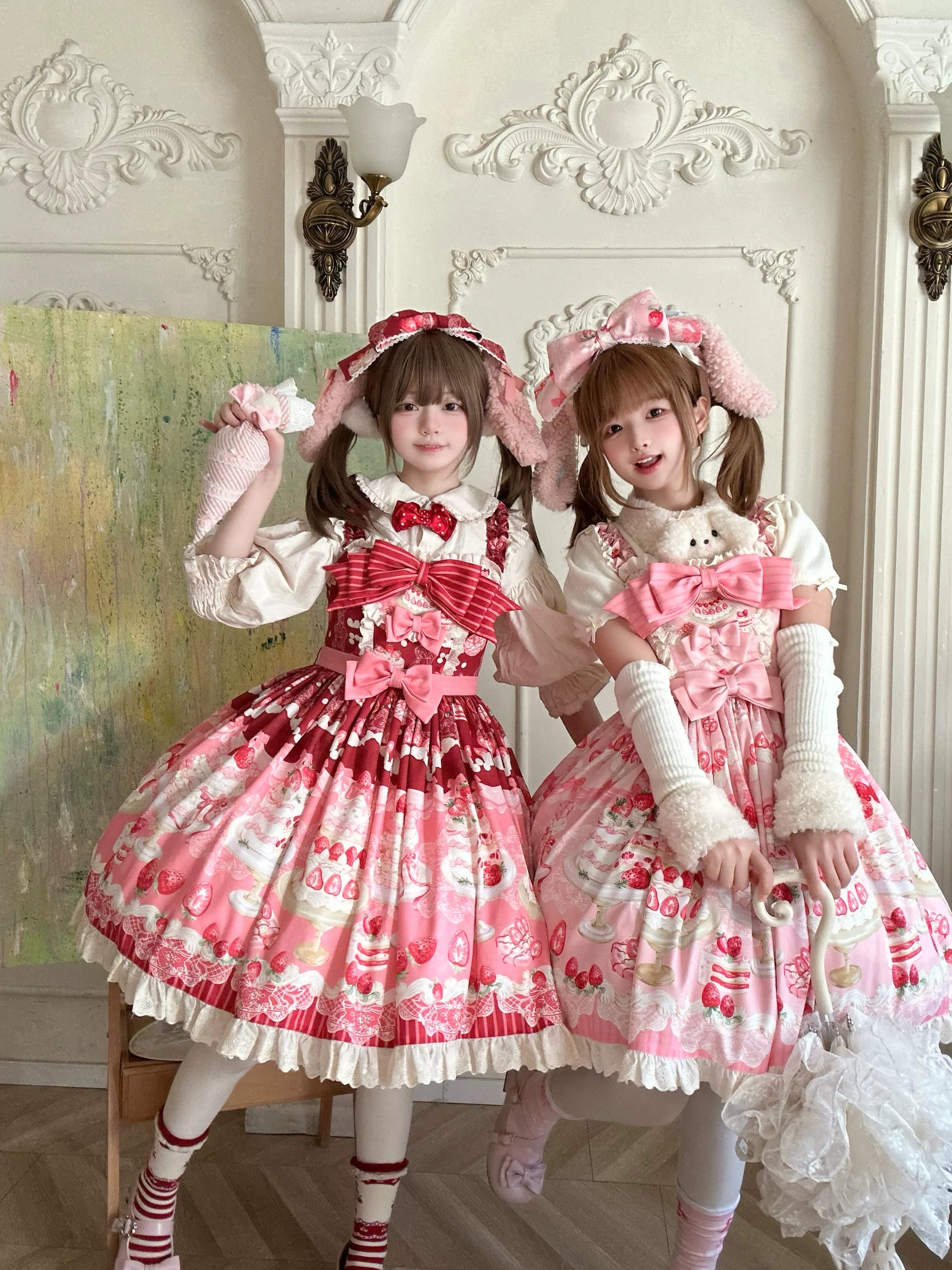 Strawberry Cake - Printed Sweet Lolita JSK Dress, Plush Bunny Ear KC - image 4
