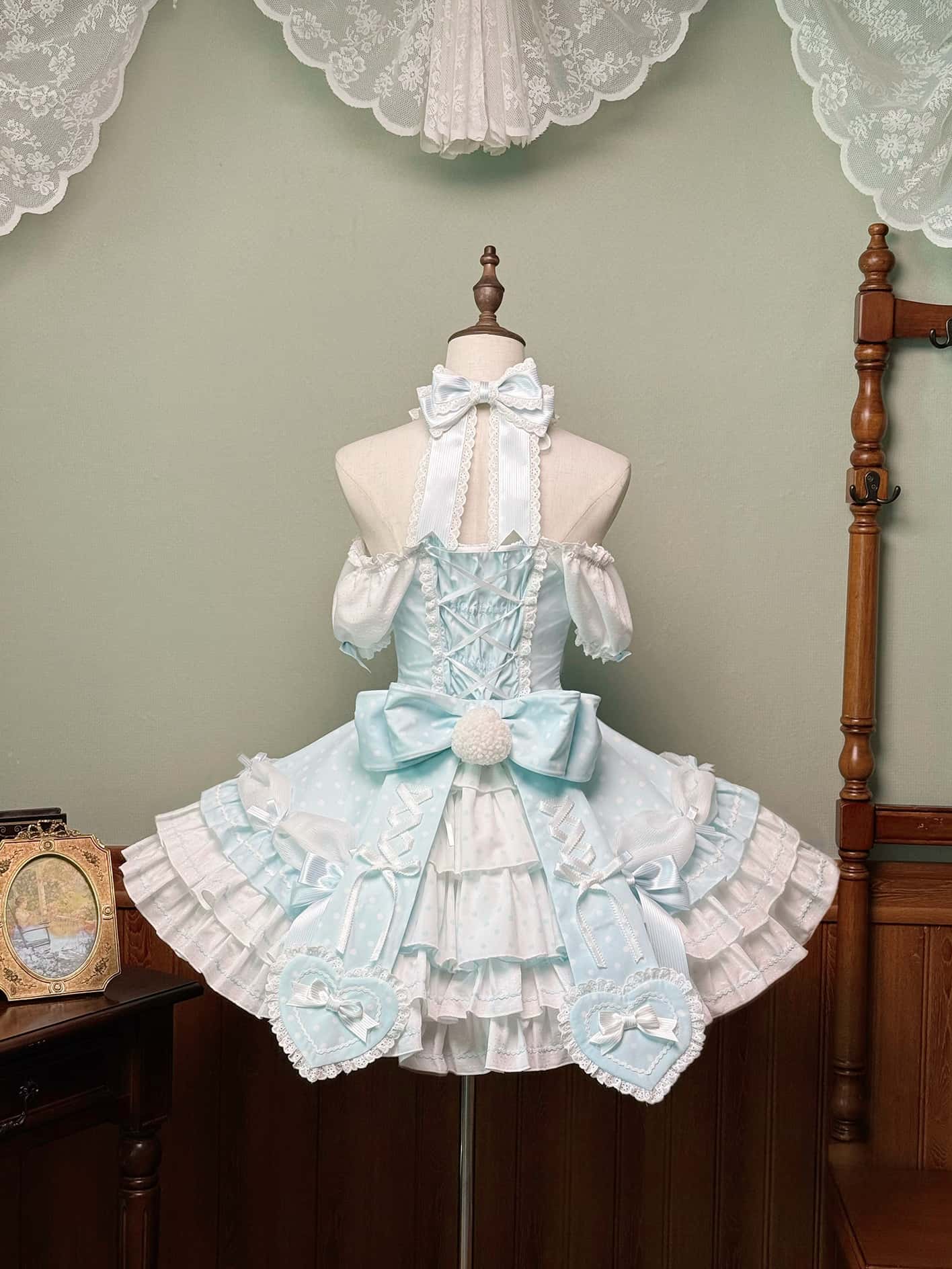 Vintage Polka Dot Lolita Halter Blue OP Dress and Accessories - image 3