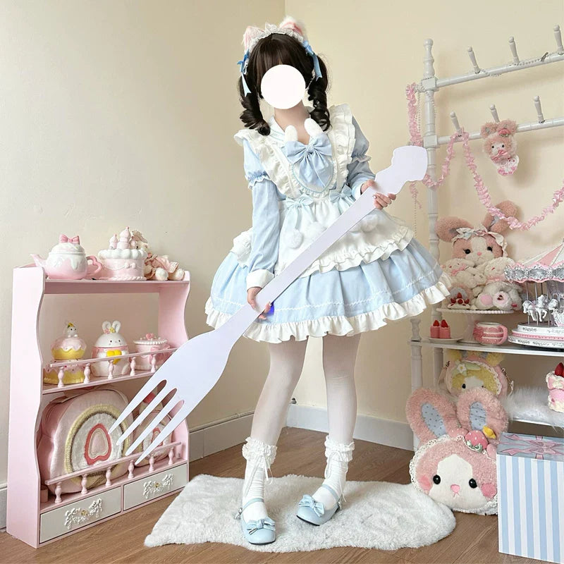 Sweet Bunny Pom-pom - Maid Lolita Bunny Ear Collar OP Dress, Detachable Apron and Accessories - image 11