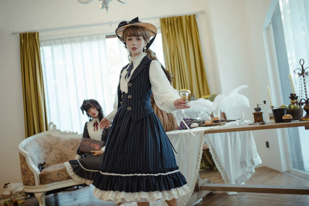 Rose Doll - Elegant Lolita Striped Fishbone Skirt - image 24