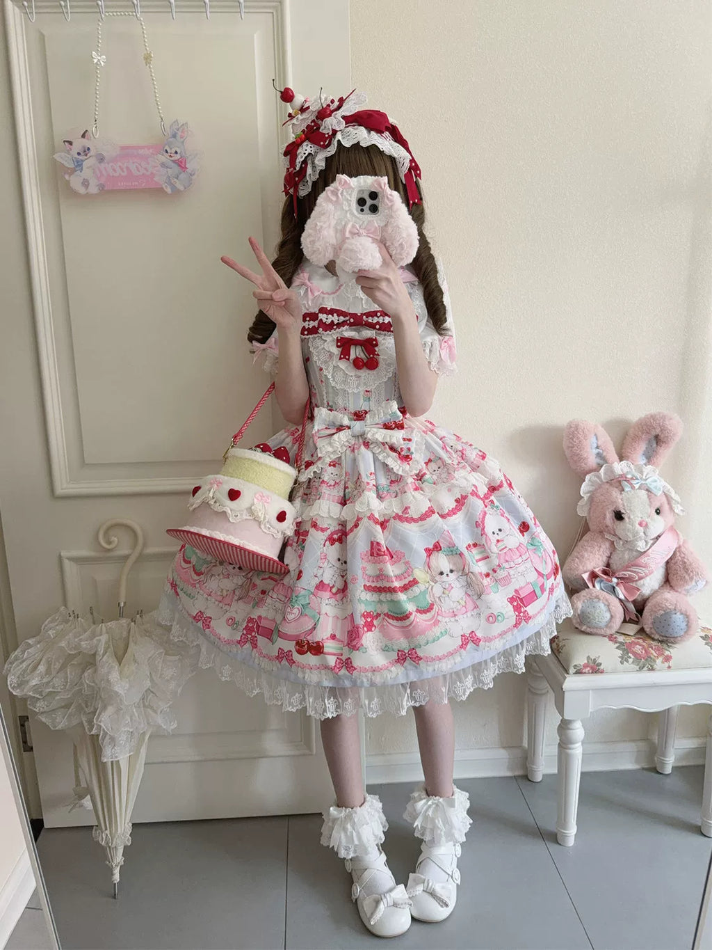 Cherry Bake Song - Kawaii Lolita JSK Dress With Dessert Print & Cherry Bow - image 4