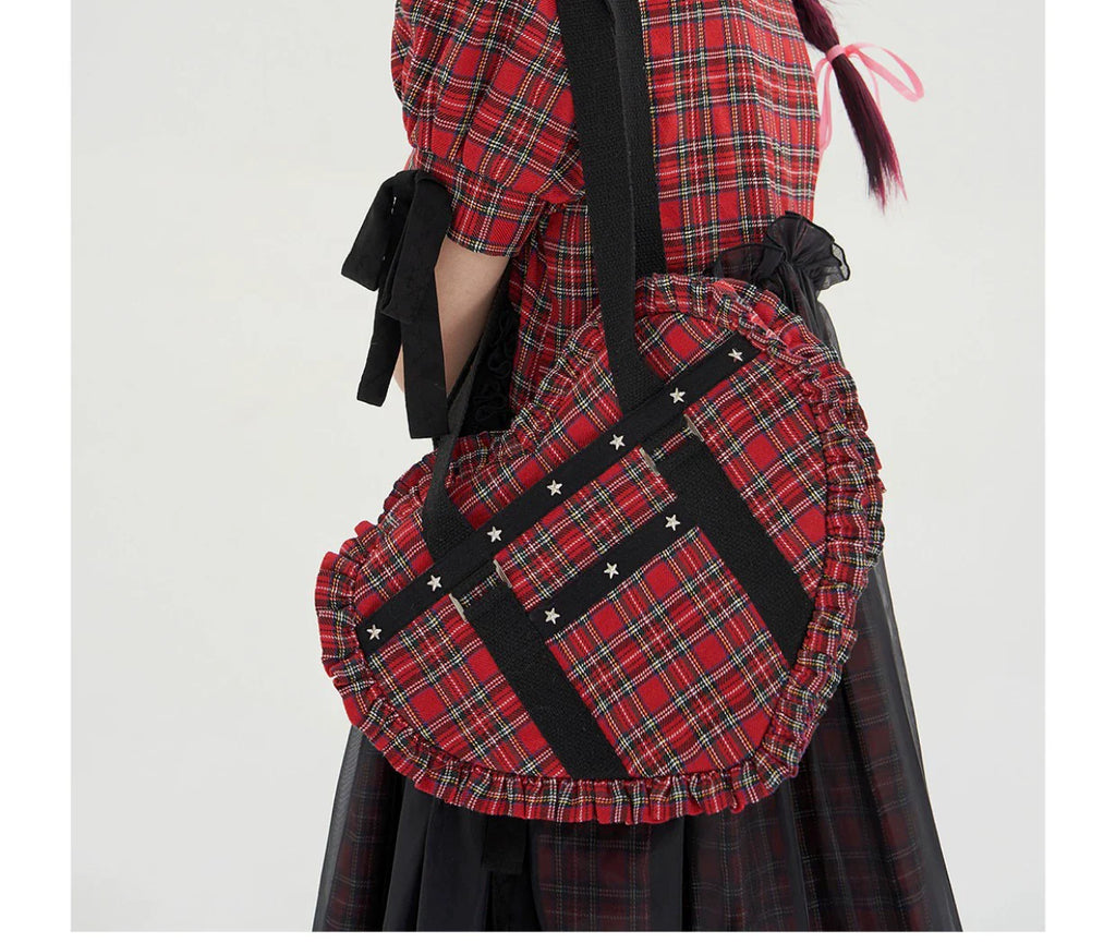 Vintage Lolita Heart Shaped Plaid Dot Print JK Uniform Bag - image 19