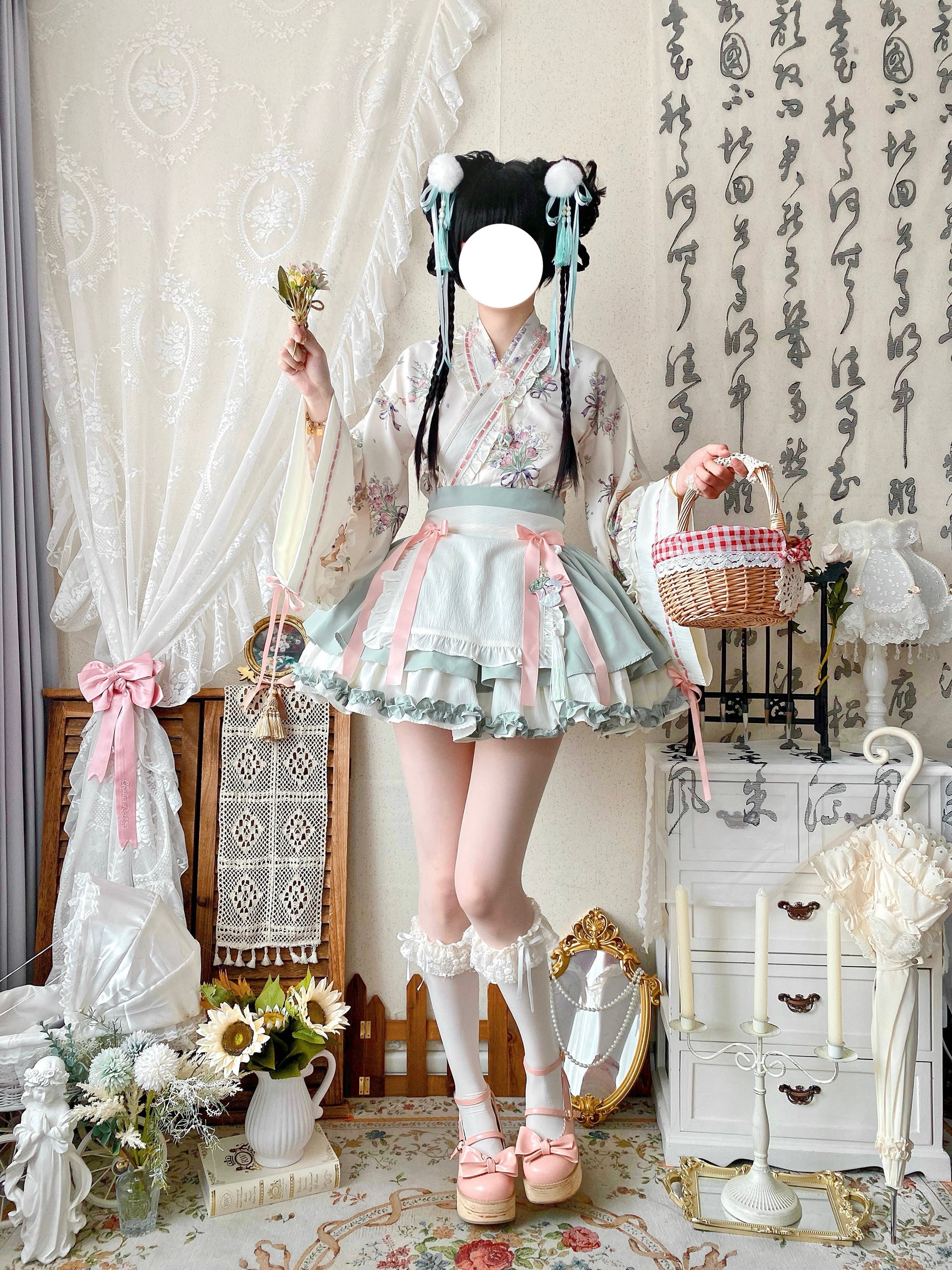 Little Herbalist - Han Lolita Skirt Outfit with Cross-collar Blouse and Apron - image 13