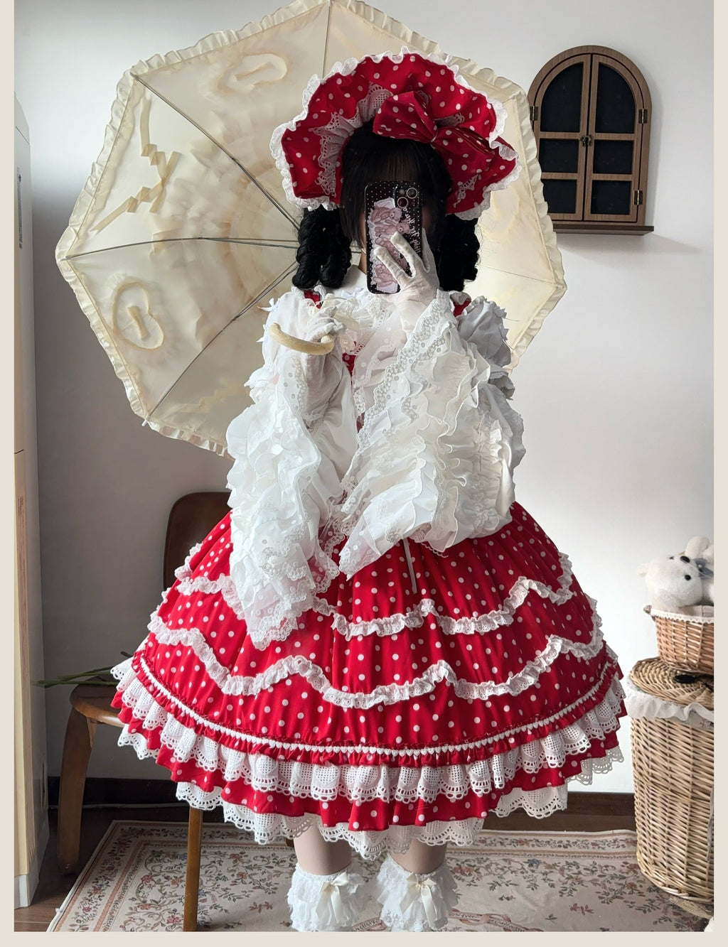 Polka Bailys - Old School Lolita JSK Suit, Red White Polka Dot Dress - image 5