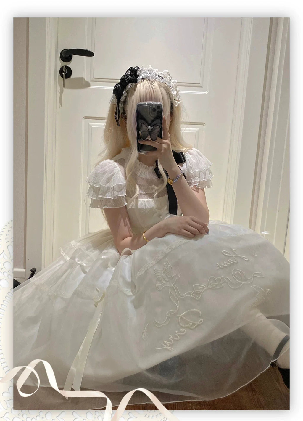 White Bird Love Letter - Classic Lolita Jacquard OP Dress, Embroidered Tulle Hem and Accessories - image 14