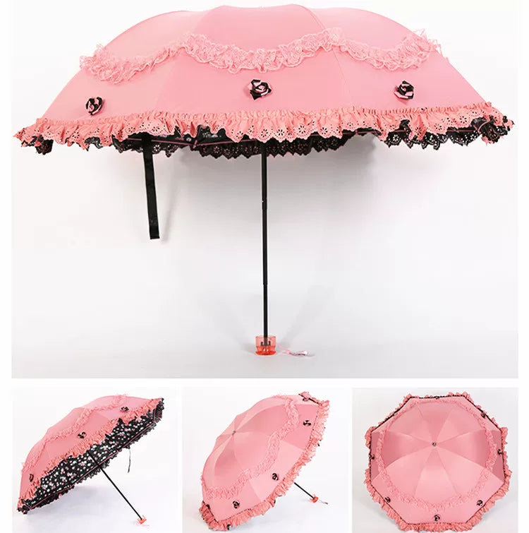 Foldable Lolita Parasol, Floral and Embroidery Detail - image 14