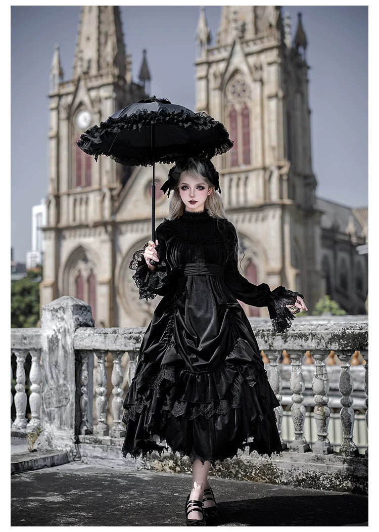 Dawn Bell & Dusk Song - Gothic Lolita Velvet OP Dress, Back Zipper and Accessories - image 5