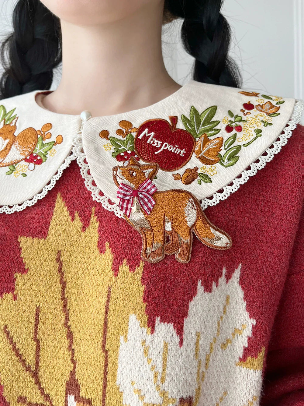 Chubby Fox in the Forest - Kawaii Lolita Accessories Knitted Fox Scarf Embroidered Faux Collar - image 12