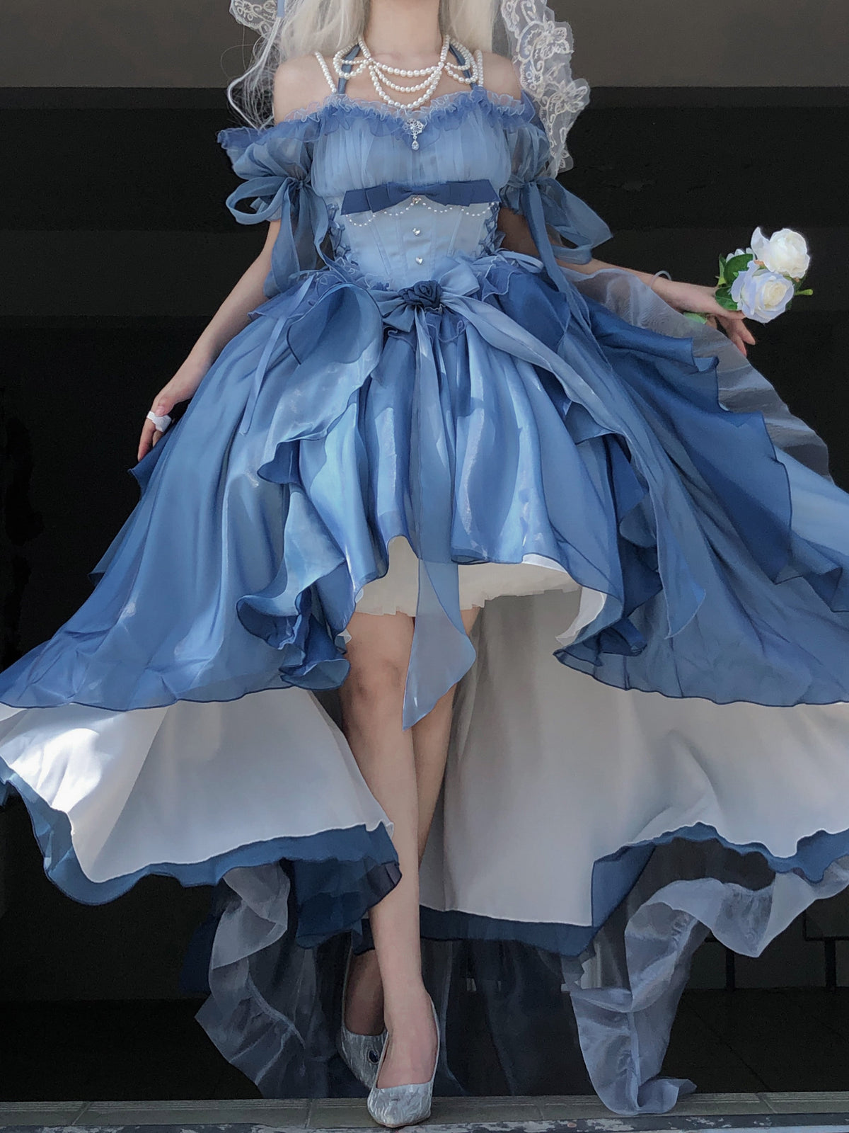 Elegant Gradient Dark Blue Lolita Prom Dress Set - image 3