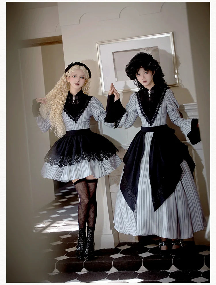 Nocturne SP - Striped Gothic Lolita OP Twin Lolita Dress with Apron and Accessories - image 3