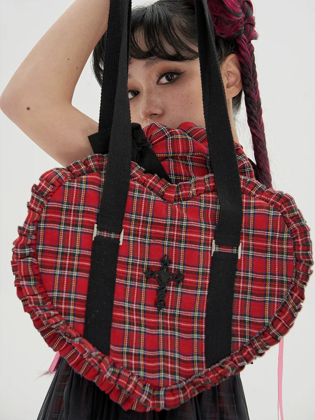 Vintage Lolita Heart Shaped Plaid Dot Print JK Uniform Bag - image 25