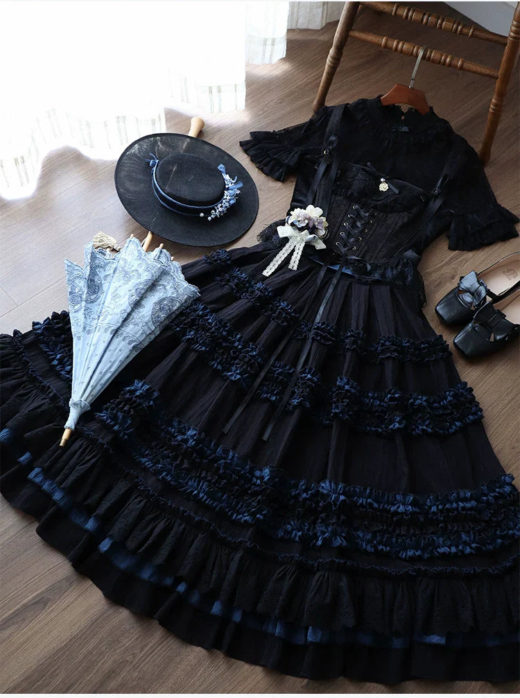 Wings and Bouquet - Dark Classic Lolita Blouse and SK Set, Layered Blue Ruffles - image 24