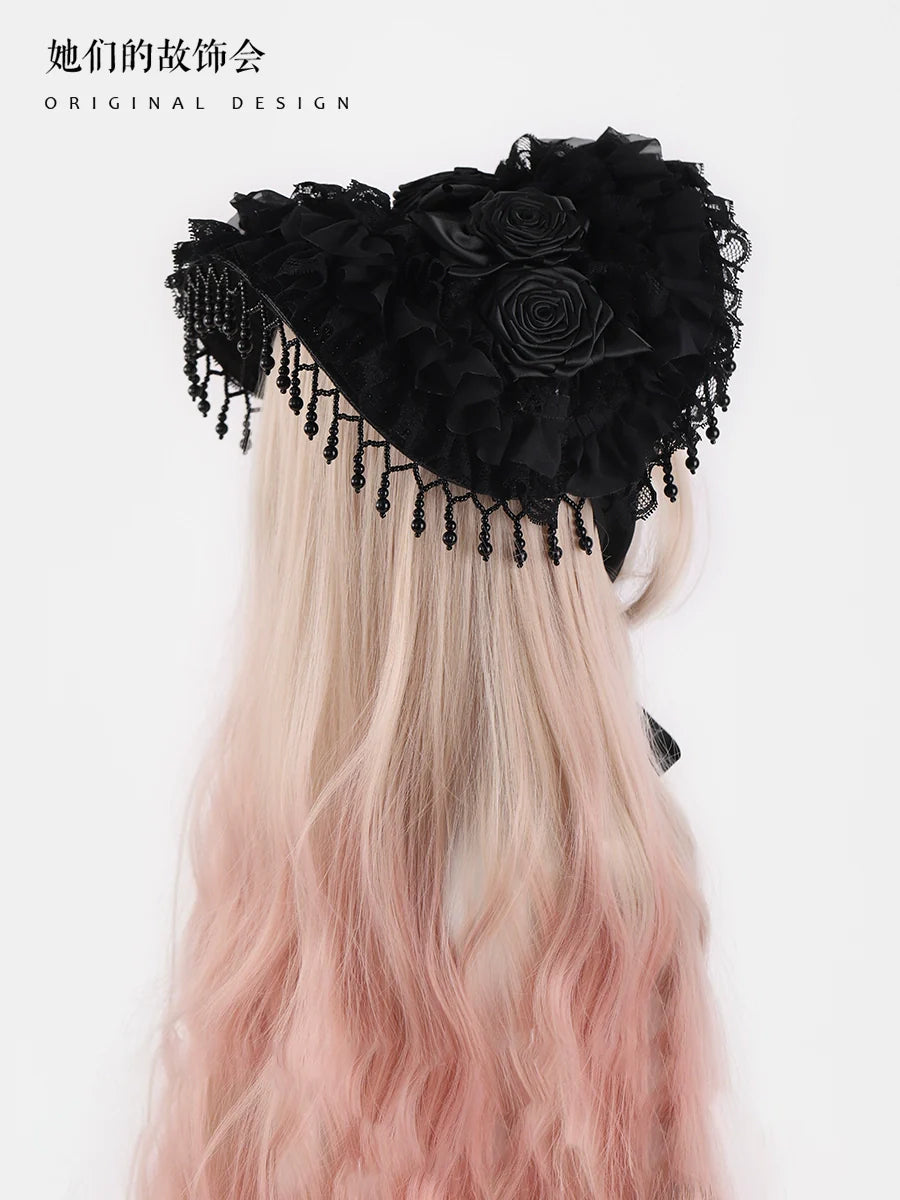 Gothic Black Rose Lolita Hat with Bead Tassels - image 3