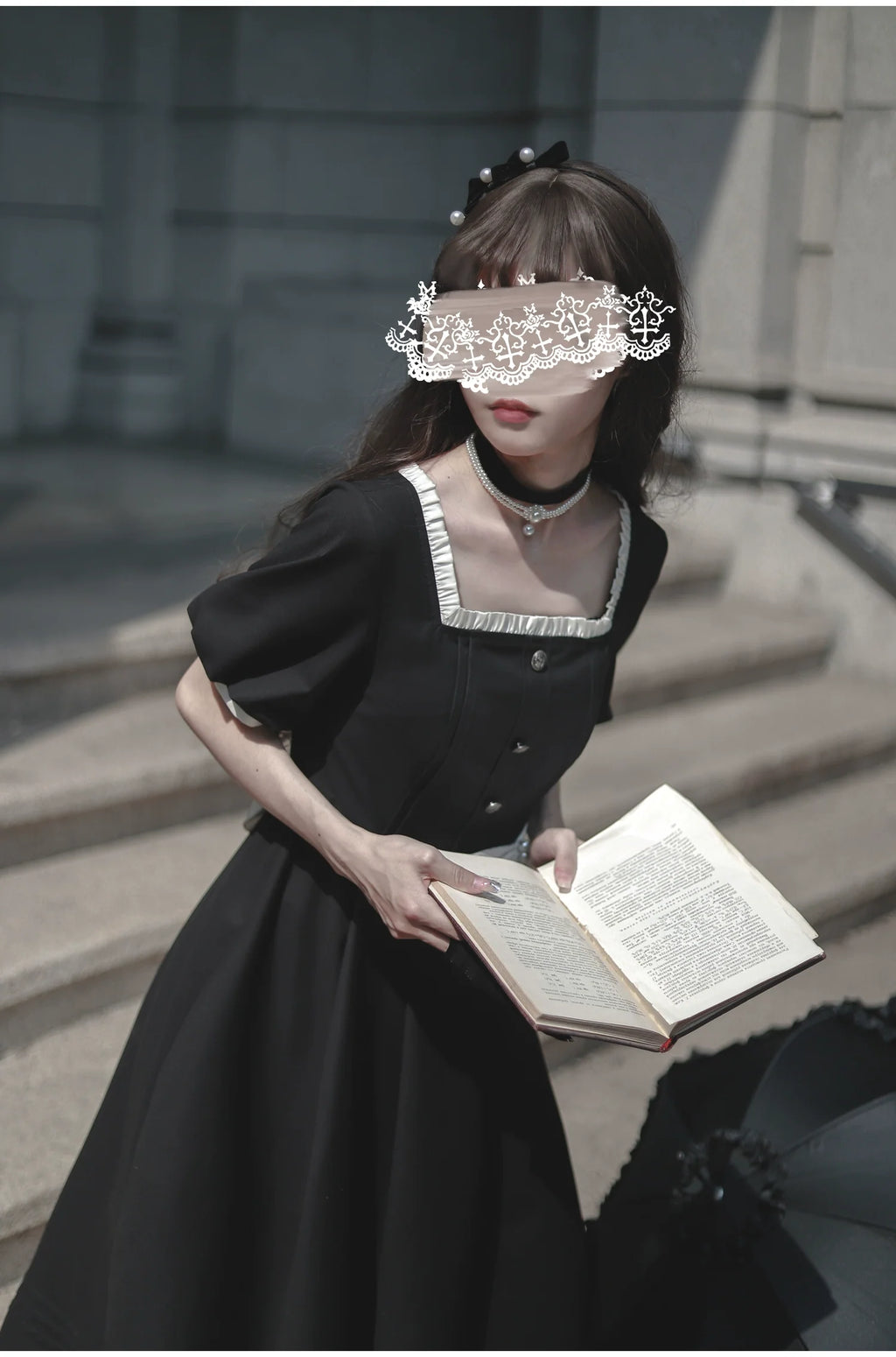 Thoughts - Vintage Black Lolita OP Dress with Square Neckline - image 33