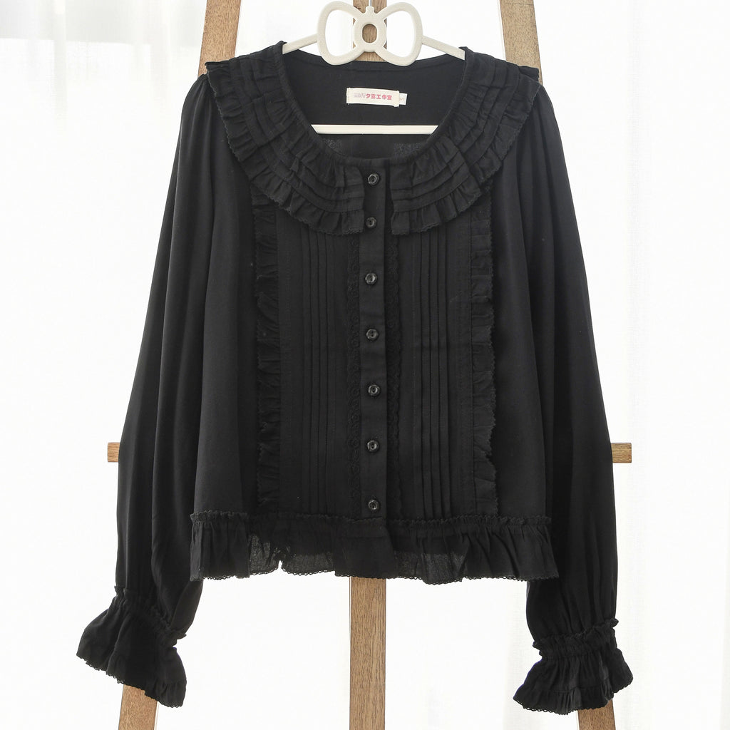 Wine Drunk Rose - Sweet Cotton Lolita Blouse with Ruffles and Pleats - image 10