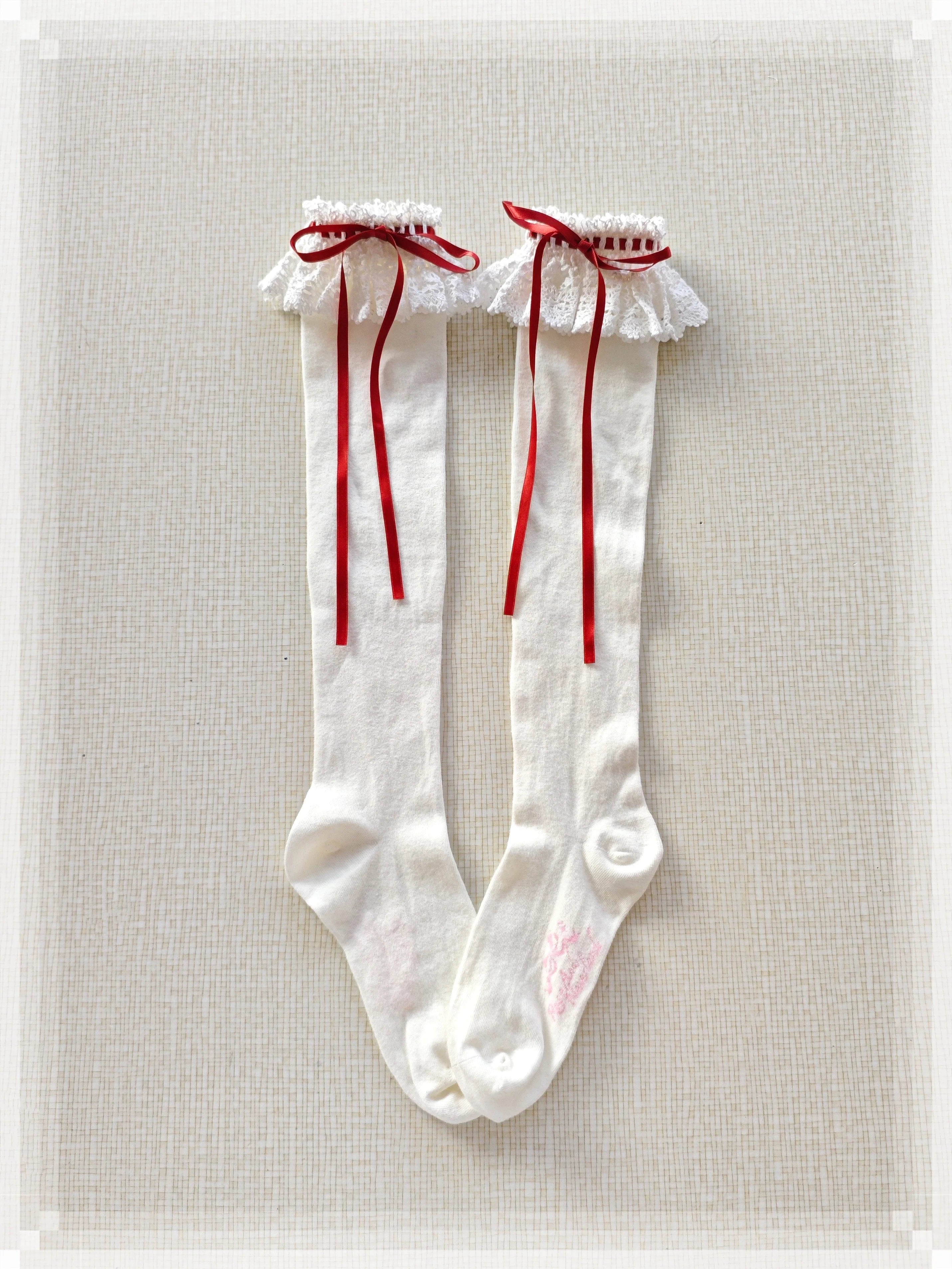 Cotton Old School Lolita White Socks with Colorful Ribbon Bows - image 14