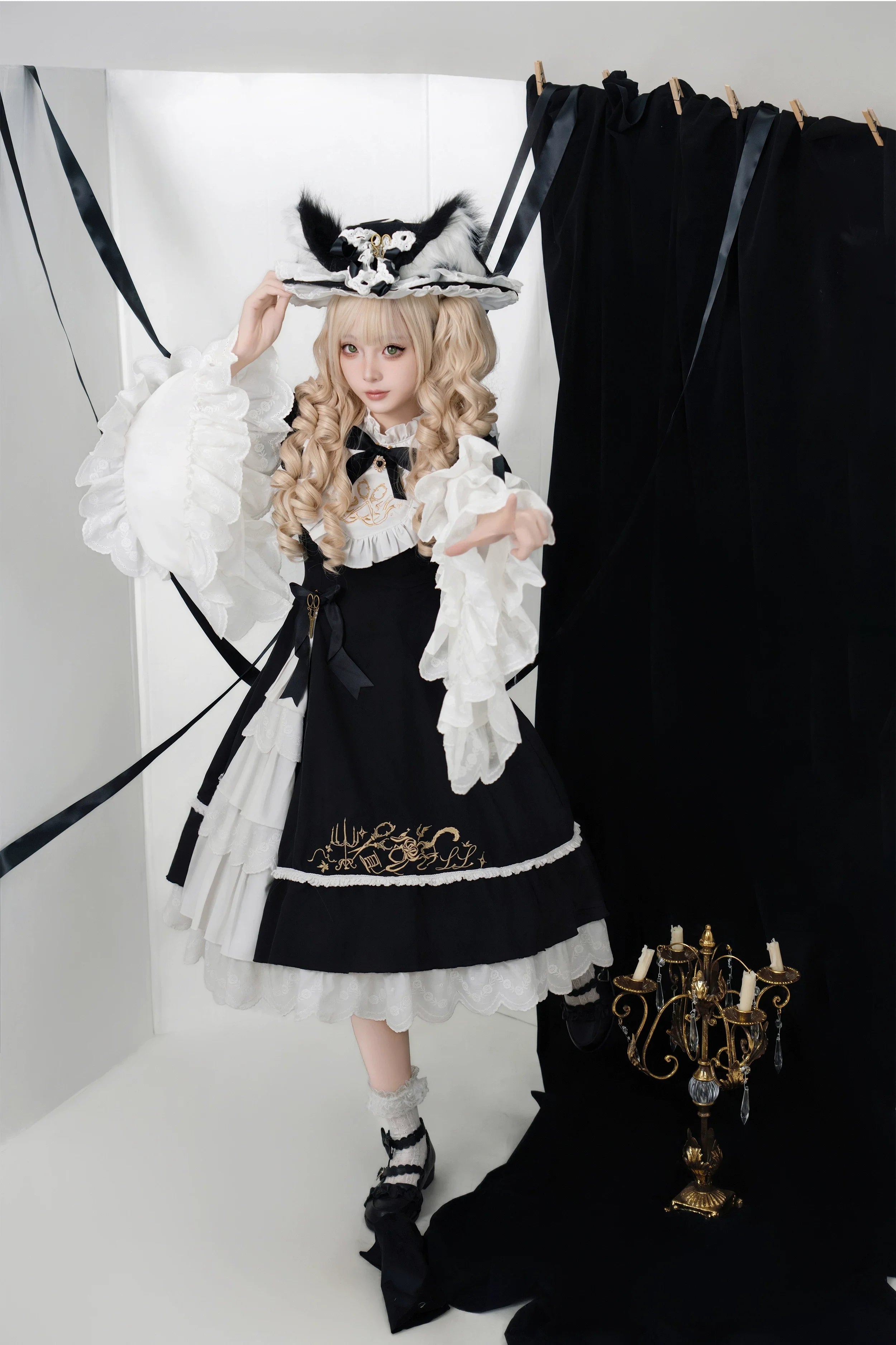 Sewing Magic Cat - Classic Lolita Six-Panel OP Dress with Embroidery and Accessories - image 9