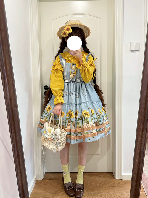 Cat and Sunflower - Sweet Lolita JSK, Cat and Sunflower Print - image 1