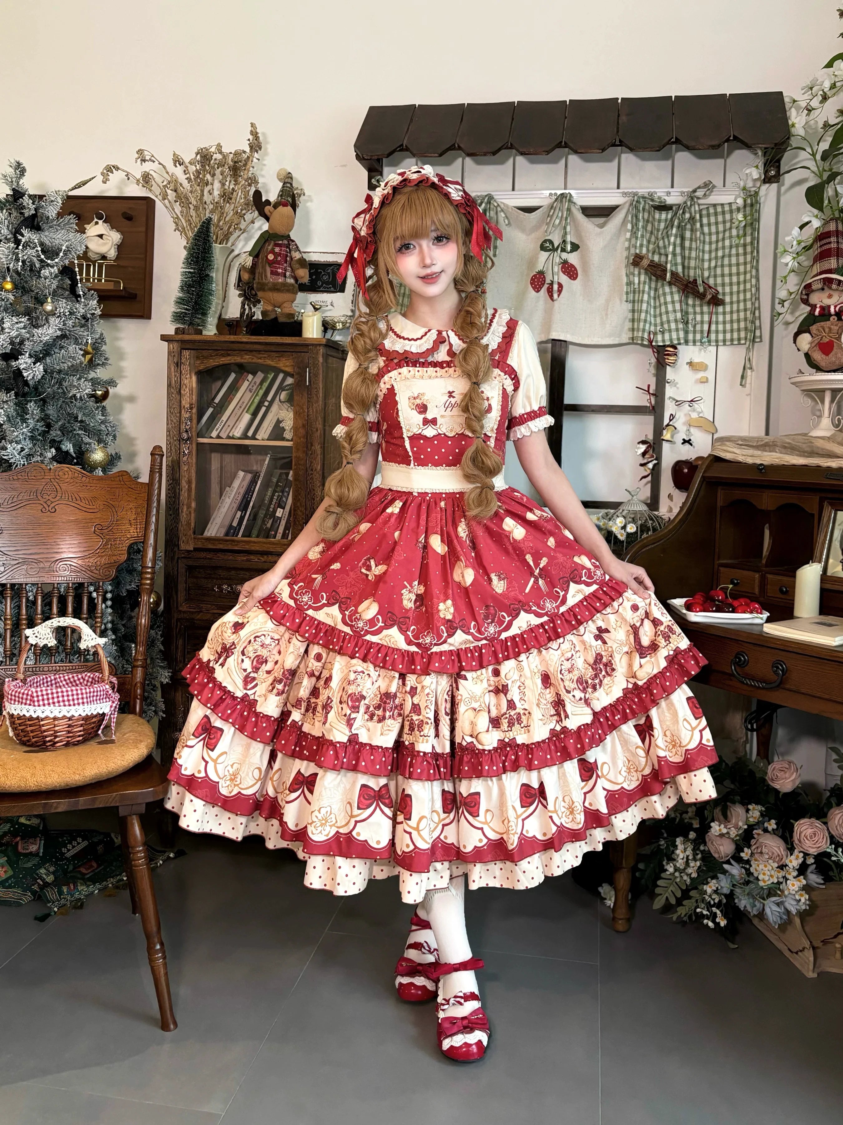 A Red Apple - Sweet Lolita JSK Dress, Tiered Hem Apron and Accessories - image 1