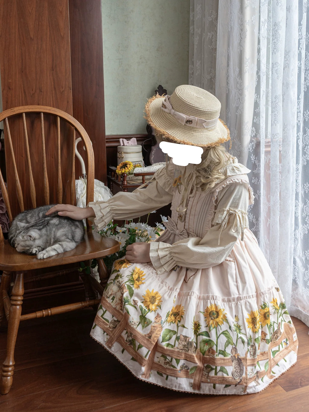 Cat and Sunflower - Sweet Lolita JSK, Cat and Sunflower Print - image 19