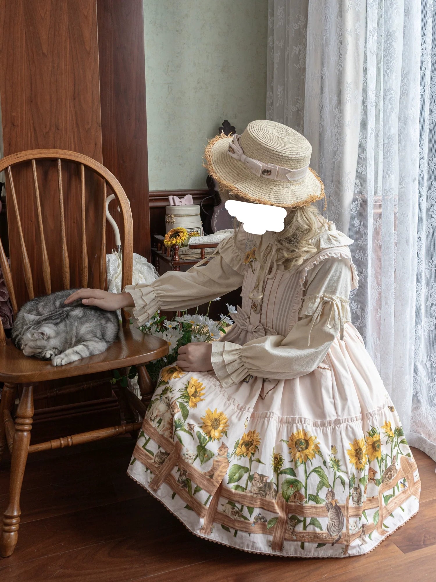 Cat and Sunflower - Sweet Lolita JSK, Cat and Sunflower Print - image 19