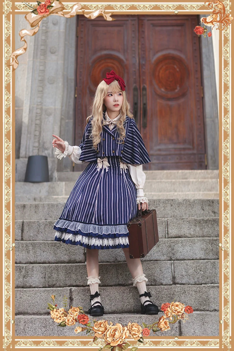 Elegant Lolita Stripe High-waist Jumper Dress Set and Cape - image 3