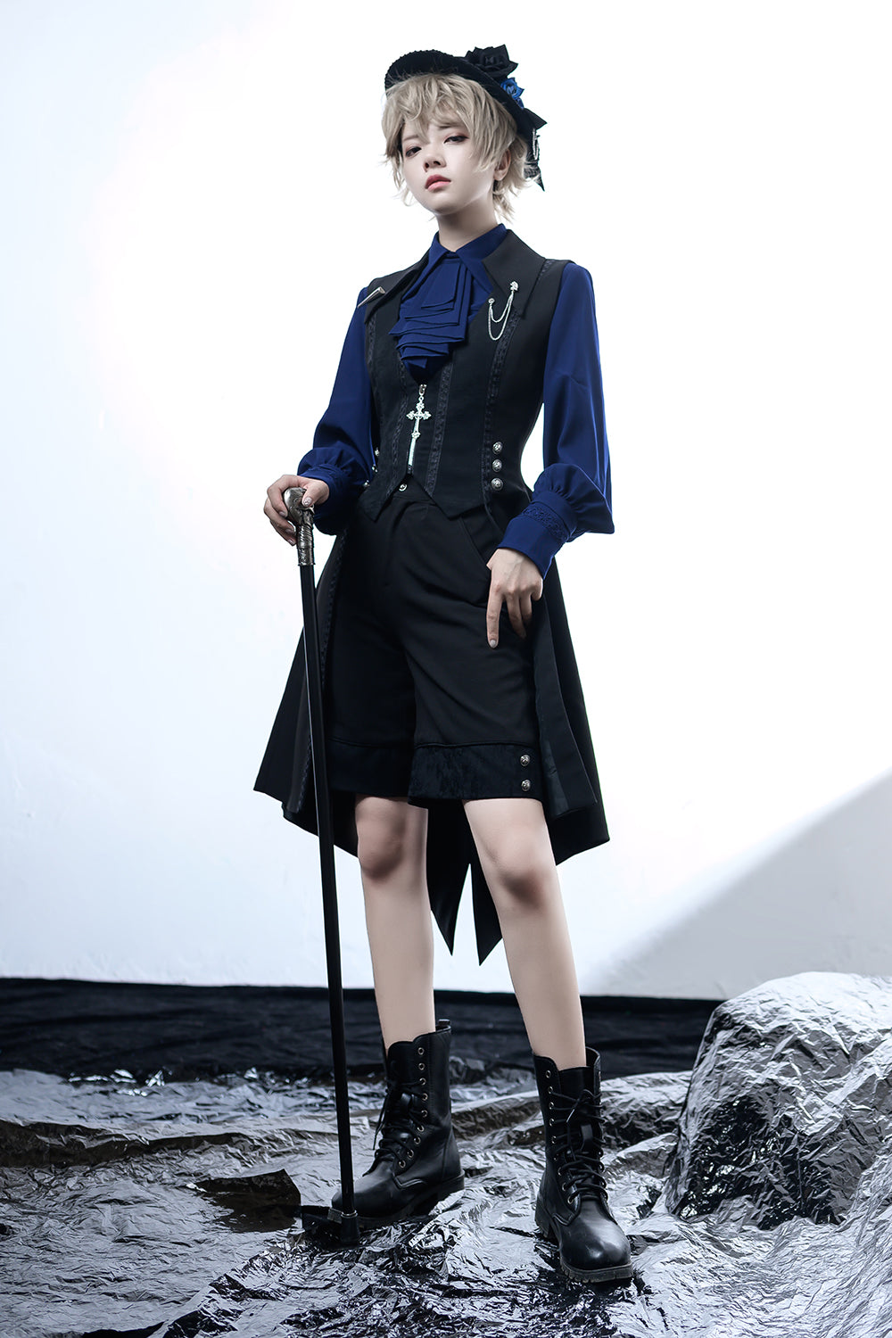 Black and Blue Retro Ouji Lolita Shirt with Mutton Sleeves - image 9