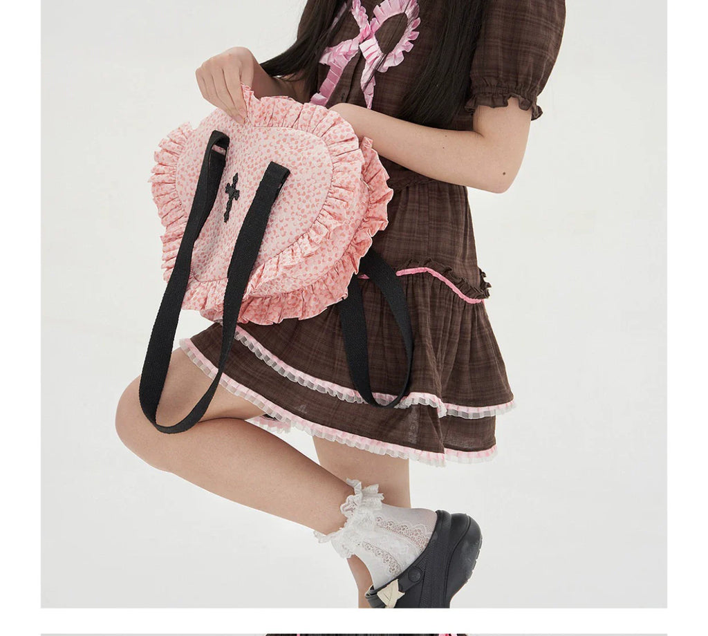 Vintage Lolita Heart Shaped Plaid Dot Print JK Uniform Bag - image 12